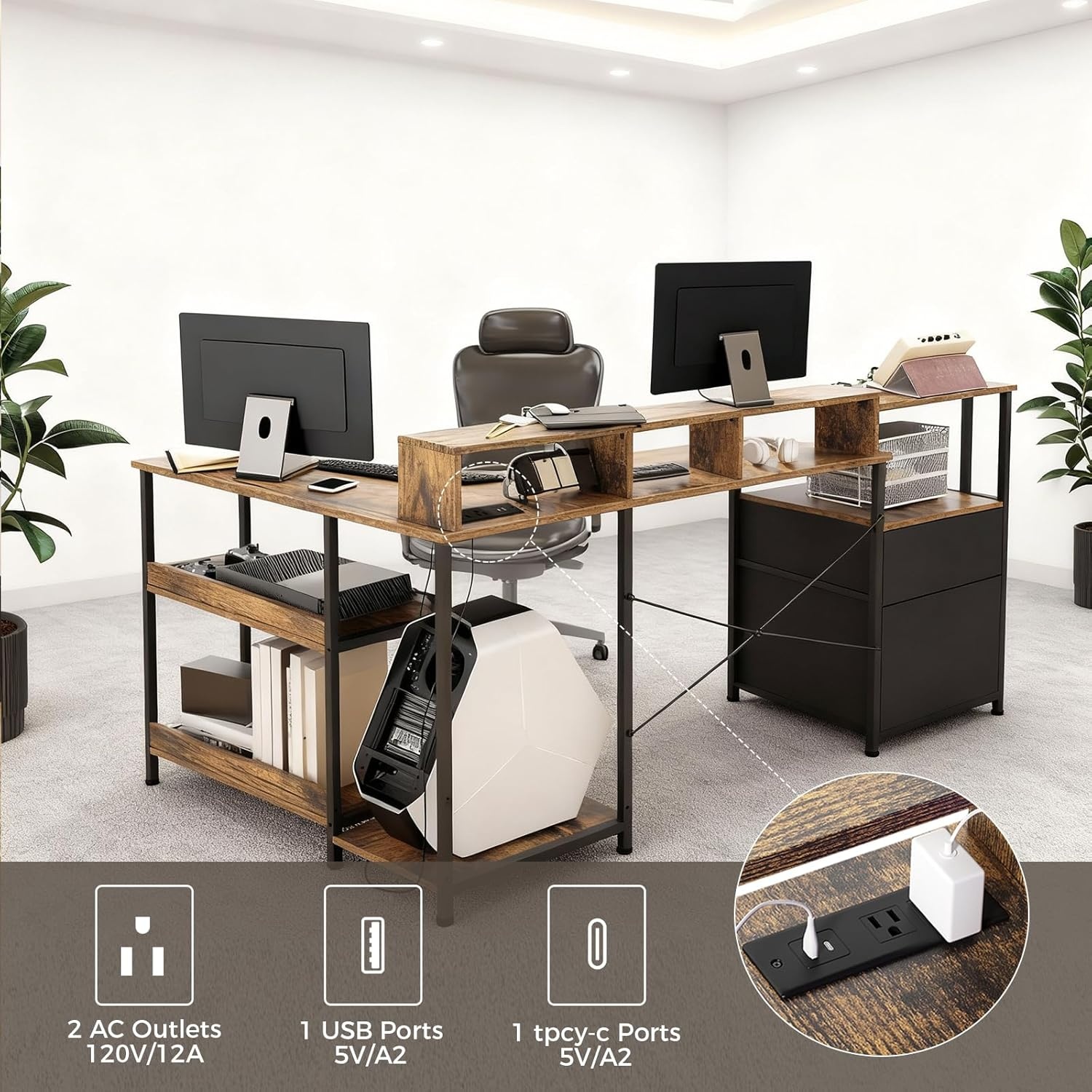 image:imageGTPLAYER 73 L Shaped Gaming Desk Reversible Computer Desk with Power Outlets amp LED Lights Home Office Corner Desk with Storage Shelves Monitor Stand and Tower Space Rustic BrownRustic Brown