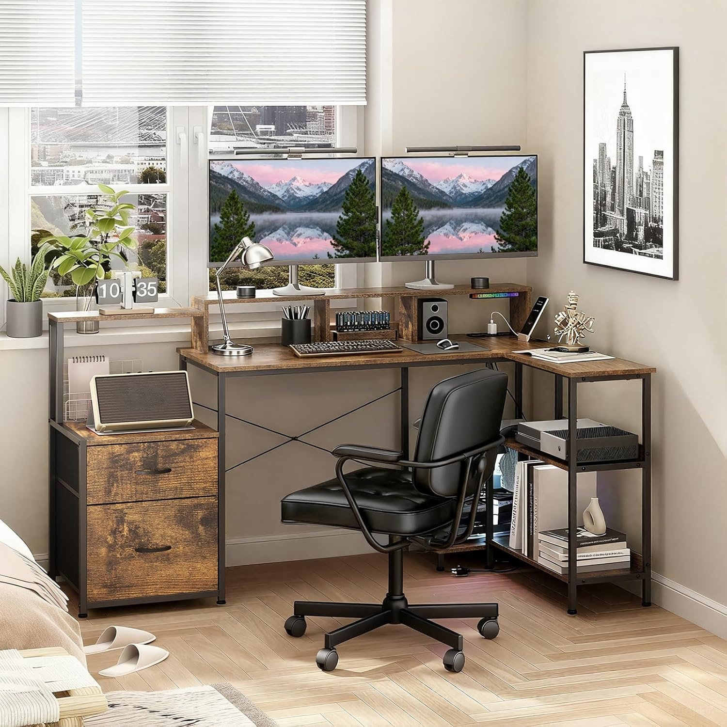 image:imageGTPLAYER 73 L Shaped Gaming Desk Reversible Computer Desk with Power Outlets amp LED Lights Home Office Corner Desk with Storage Shelves Monitor Stand and Tower Space Rustic BrownRustic Brown