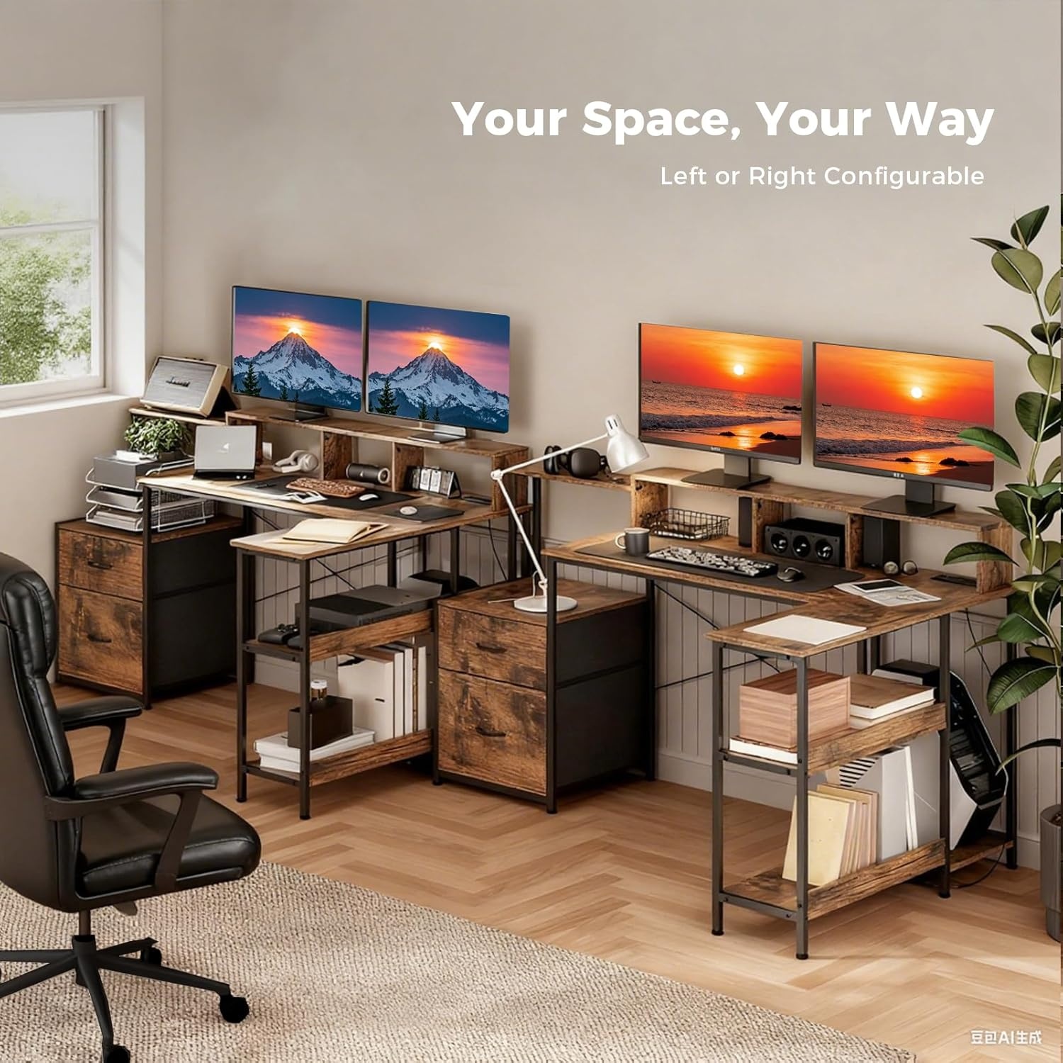 image:imageGTPLAYER 73 L Shaped Gaming Desk Reversible Computer Desk with Power Outlets amp LED Lights Home Office Corner Desk with Storage Shelves Monitor Stand and Tower Space Rustic BrownRustic Brown