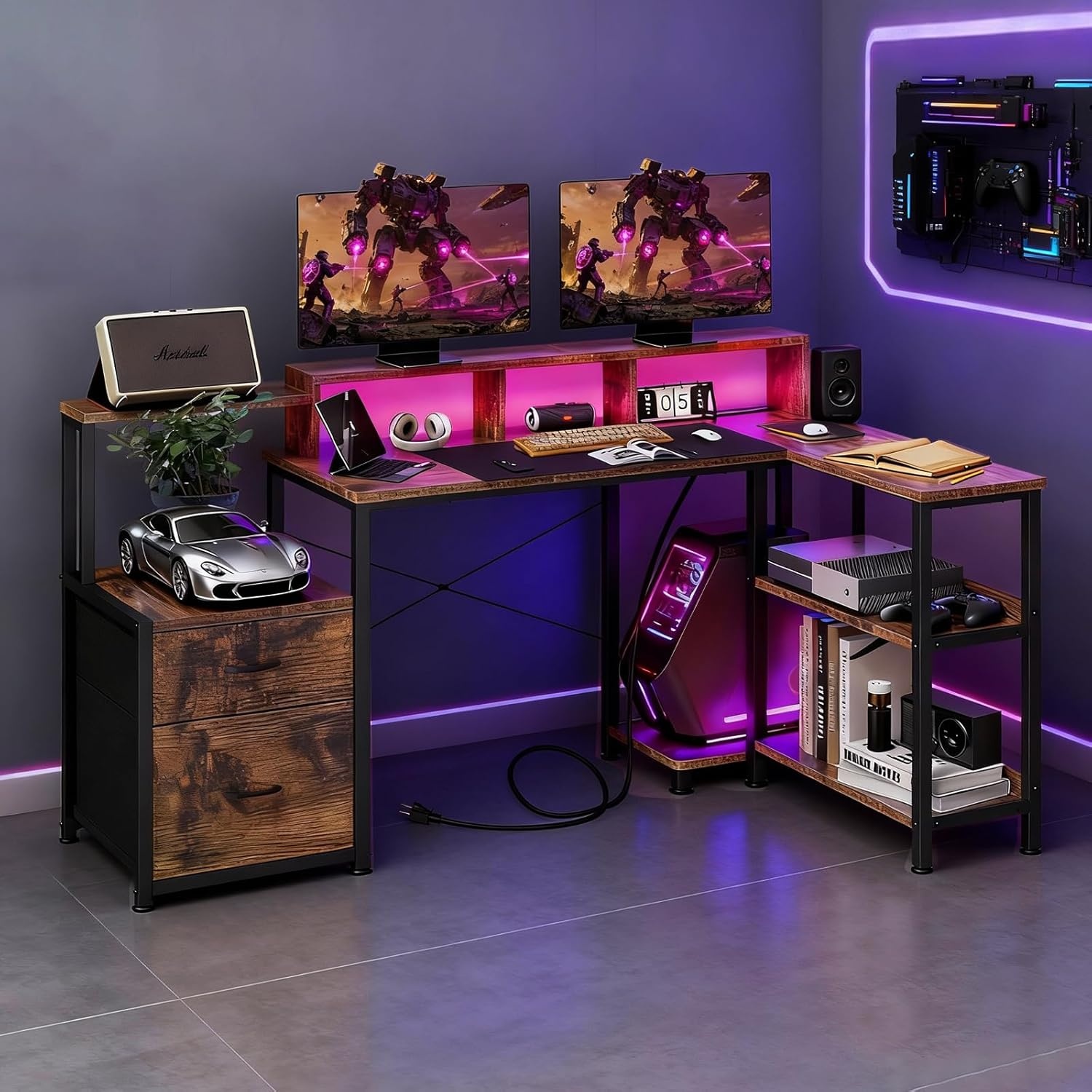 image:imageGTPLAYER 73 L Shaped Gaming Desk Reversible Computer Desk with Power Outlets amp LED Lights Home Office Corner Desk with Storage Shelves Monitor Stand and Tower Space Rustic BrownRustic Brown