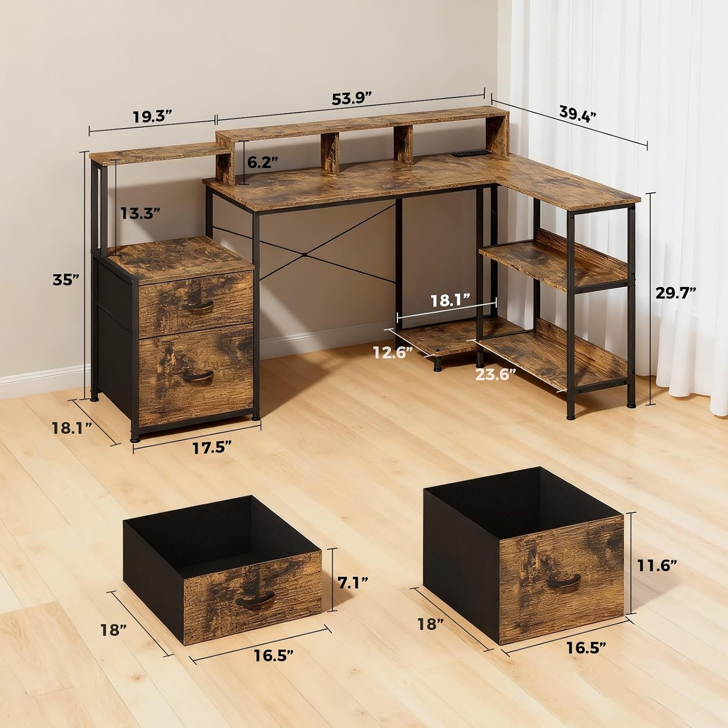 image:imageGTPLAYER 73 L Shaped Gaming Desk Reversible Computer Desk with Power Outlets amp LED Lights Home Office Corner Desk with Storage Shelves Monitor Stand and Tower Space Rustic BrownRustic Brown