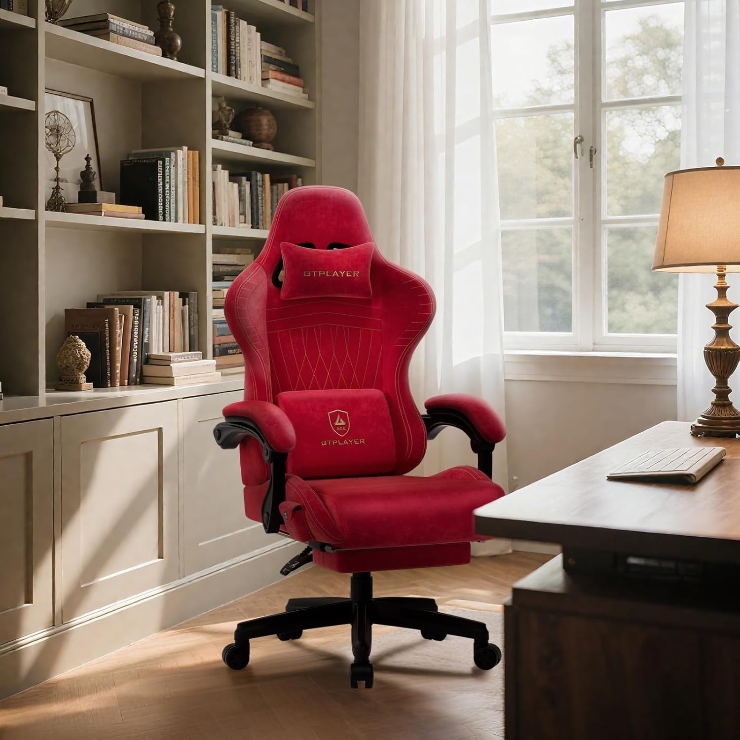 image:imageGTPLAYER ACEPRO Music Gaming Chairs Builtin Speakers App Support amp Bluetooth Control Computer Game Chairs with Footrest for Adults Ergonomic Reclining Silla Linkage Armrest Pink Velvet01 Cherry Red velvet