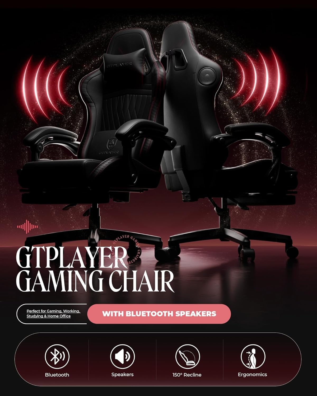image:imageGTPLAYER ACEPRO Music Gaming Chairs Builtin Speakers App Support amp Bluetooth Control Computer Game Chairs with Footrest for Adults Ergonomic Reclining Linkage Armrest BKRD Stitch01 Bkrd Stitch