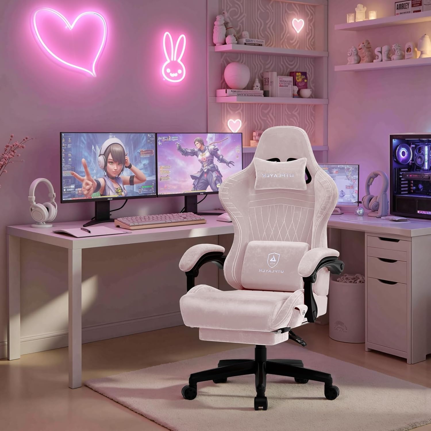 image:imageGTPLAYER ACEPRO Music Gaming Chairs Builtin Speakers App Support amp Bluetooth Control Computer Game Chairs with Footrest for Adults Ergonomic Reclining Linkage Armrest BKRD Stitch01 Pink velvet