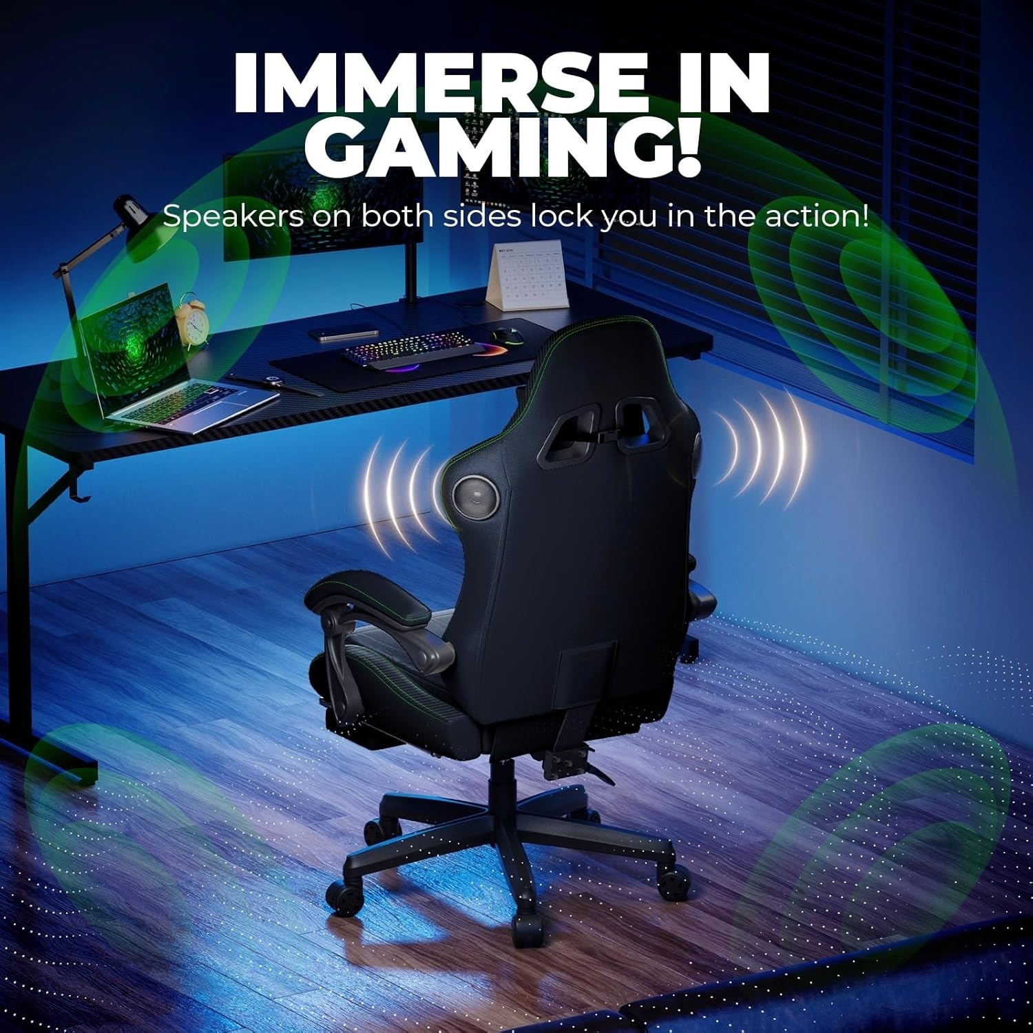 image:imageGTPLAYER ACEPRO Music Gaming Chairs Builtin Speakers App Support amp Bluetooth Control Computer Game Chairs with Footrest for Adults Ergonomic Reclining Linkage Armrest BKRD Stitch01 Black Green Stitch