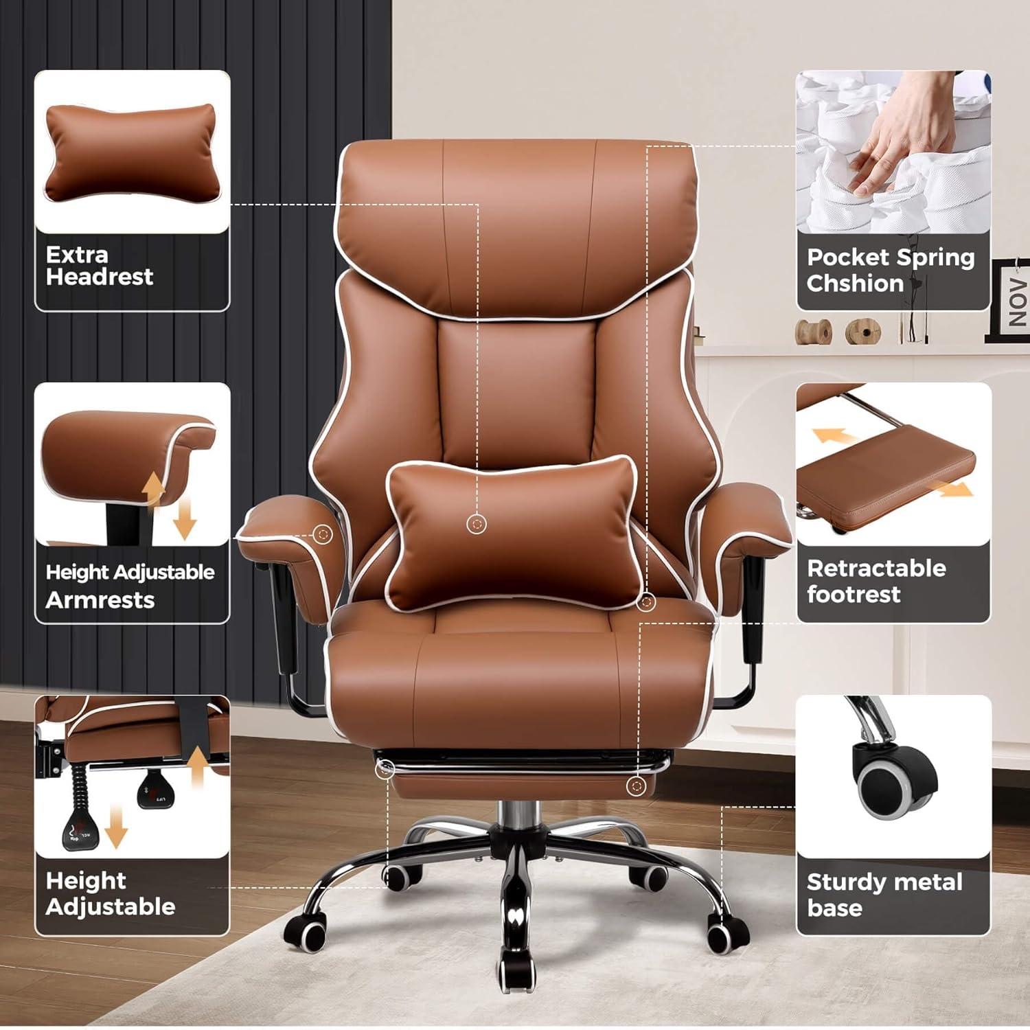 image:imageGTPLAYER Big and Tall Gaming Chair 400lbs Heavy Duty Office Chair with Footrest High Back Pocket Spring Lumbar Support Ergonomic Wide Comfy Seated Cushion for Lower Back Pain Relief EarthBlackCoffeebrown