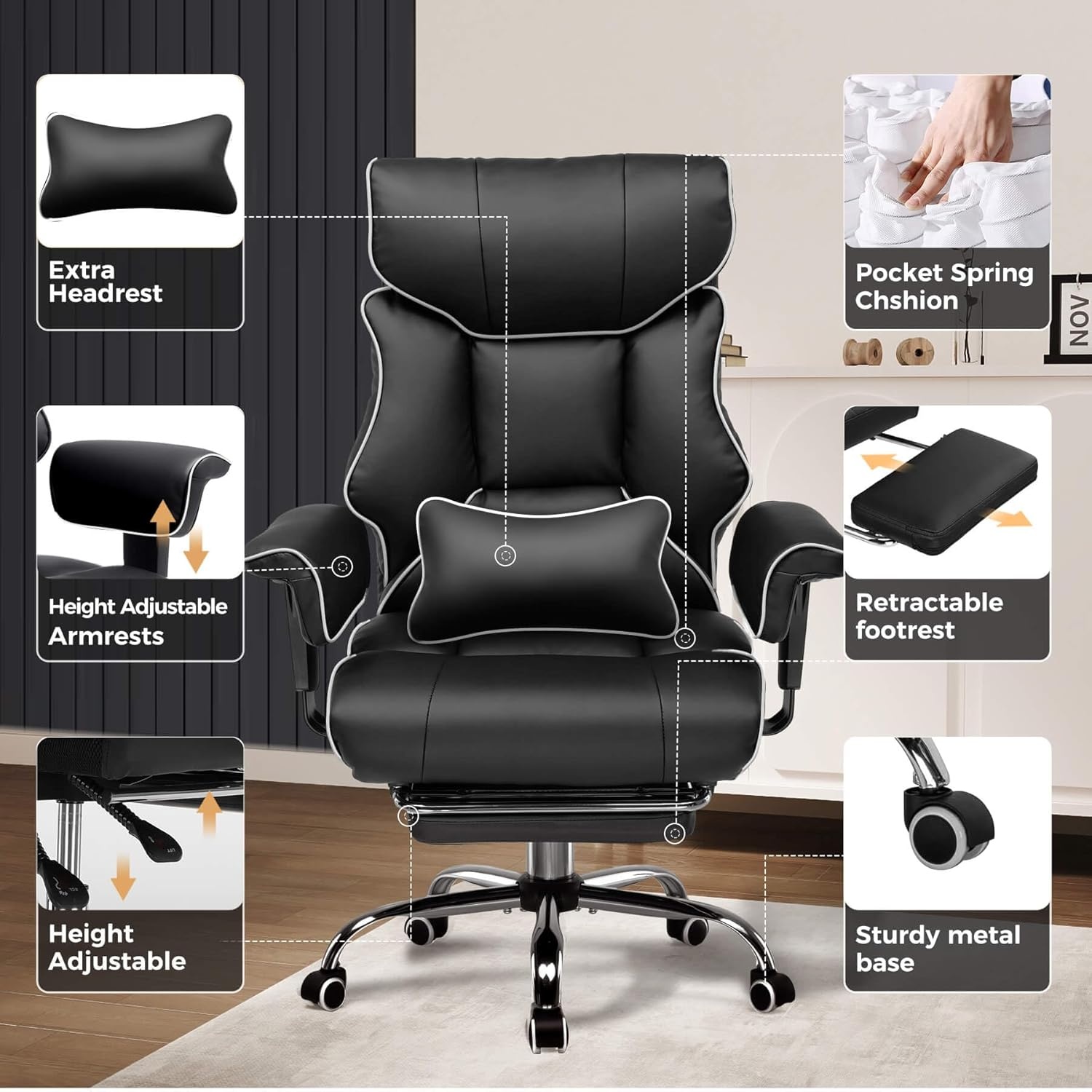 image:imageGTPLAYER Big and Tall Gaming Chair 400lbs Heavy Duty Office Chair with Footrest High Back Pocket Spring Lumbar Support Ergonomic Wide Comfy Seated Cushion for Lower Back Pain Relief EarthBlackWhiteblack