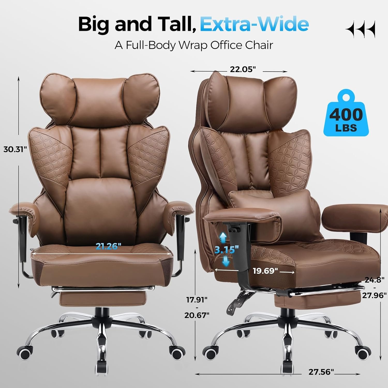 image:imageGTPLAYER Big and Tall Gaming Chair 400lbs Heavy Duty Office Chair with Footrest High Back Pocket Spring Lumbar Support Ergonomic Wide Comfy Seated Cushion for Lower Back Pain Relief EarthBlackBrown