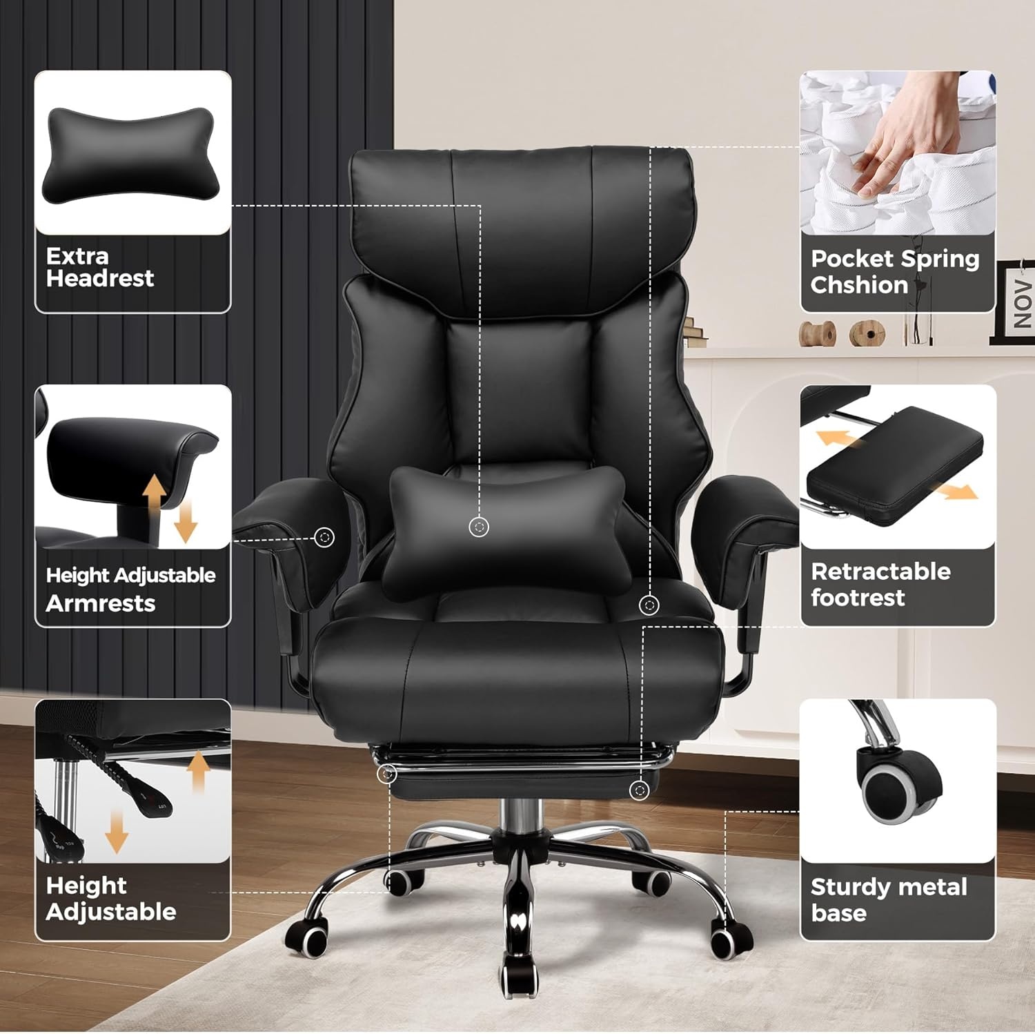 image:imageGTPLAYER Big and Tall Gaming Chair 400lbs Heavy Duty Office Chair with Footrest High Back Pocket Spring Lumbar Support Ergonomic Wide Comfy Seated Cushion for Lower Back Pain Relief EarthBlackErgoblack
