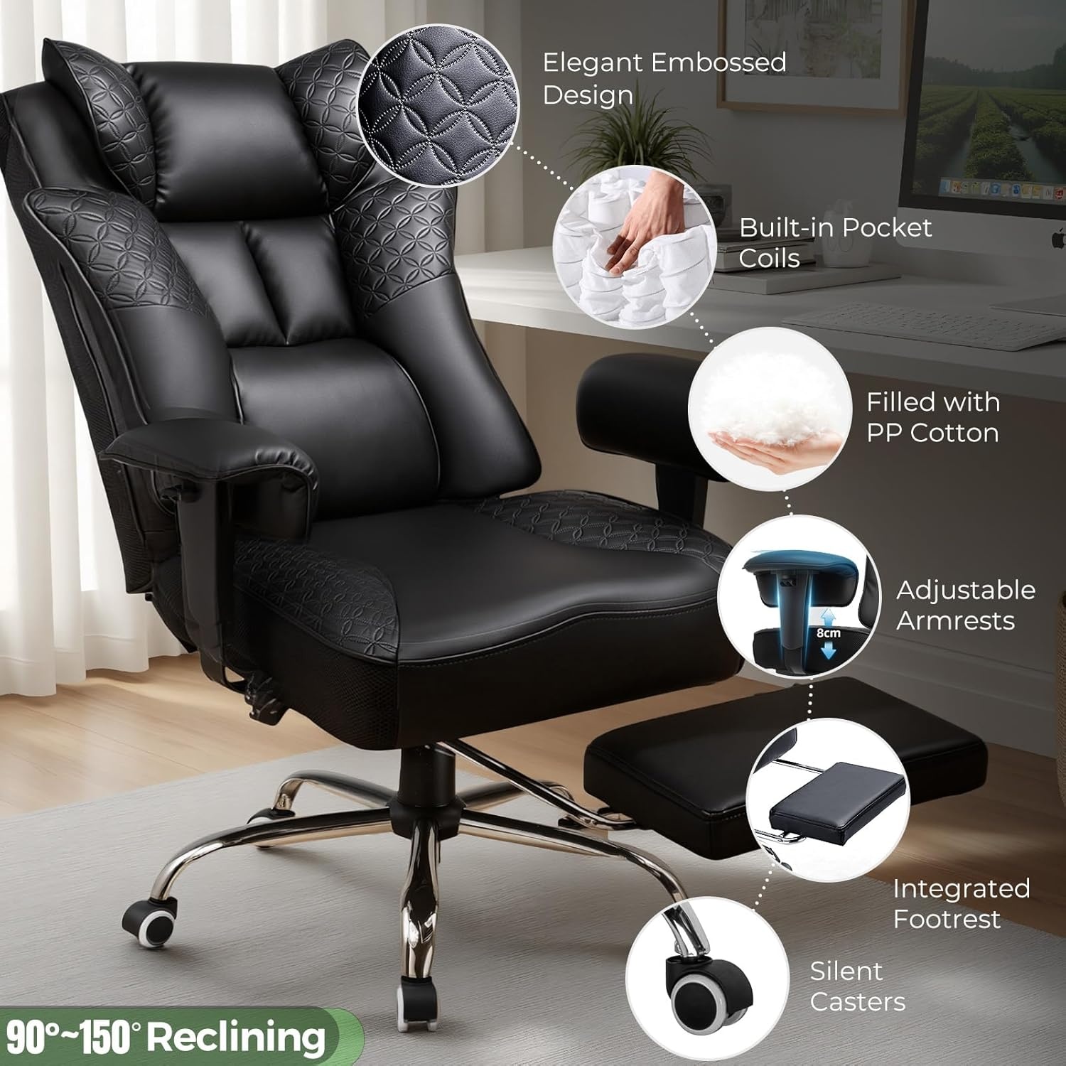 image:imageGTPLAYER Big and Tall Office Chair Wide Ergonomic Gaming Chair with Deluxe Embossing Designed Leather with Foot Rest150Reclining Adjustable Soft Armrests Pocket Spring Back Support and PillowPublack