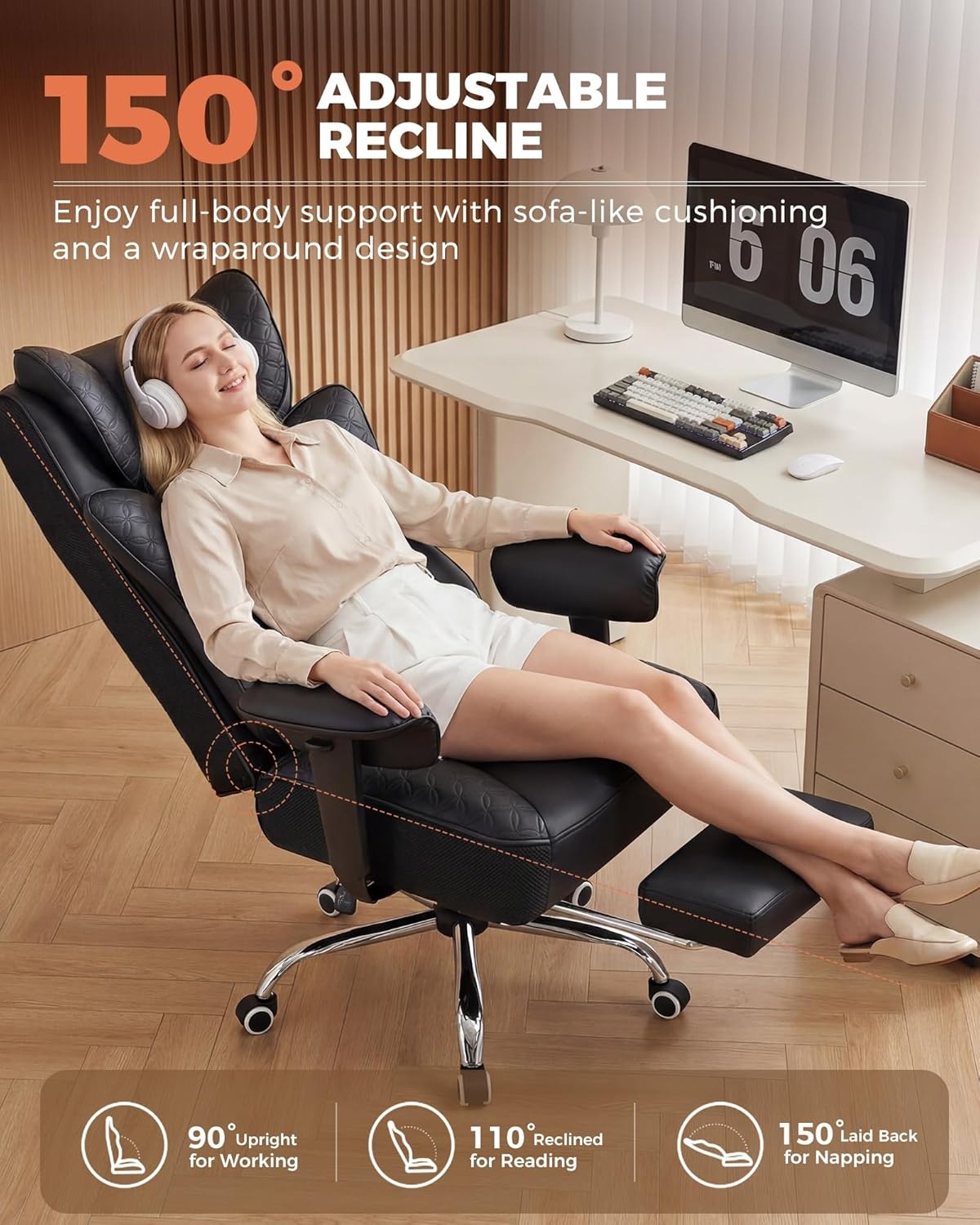 image:imageGTPLAYER Big and Tall Office Chair Wide Ergonomic Gaming Chair with Deluxe Embossing Designed Leather with Foot Rest150Reclining Adjustable Soft Armrests Pocket Spring Back Support and PillowPucoal Black