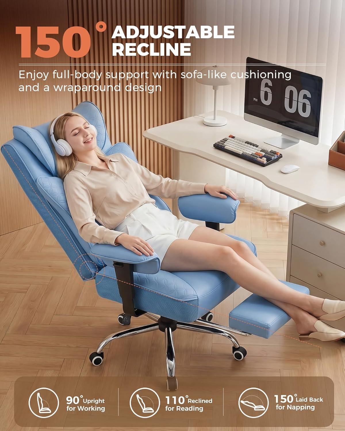 image:imageGTPLAYER Big and Tall Office Chair Wide Ergonomic Gaming Chair with Deluxe Embossing Designed Leather with Foot Rest150Reclining Adjustable Soft Armrests Pocket Spring Back Support and PillowPublue
