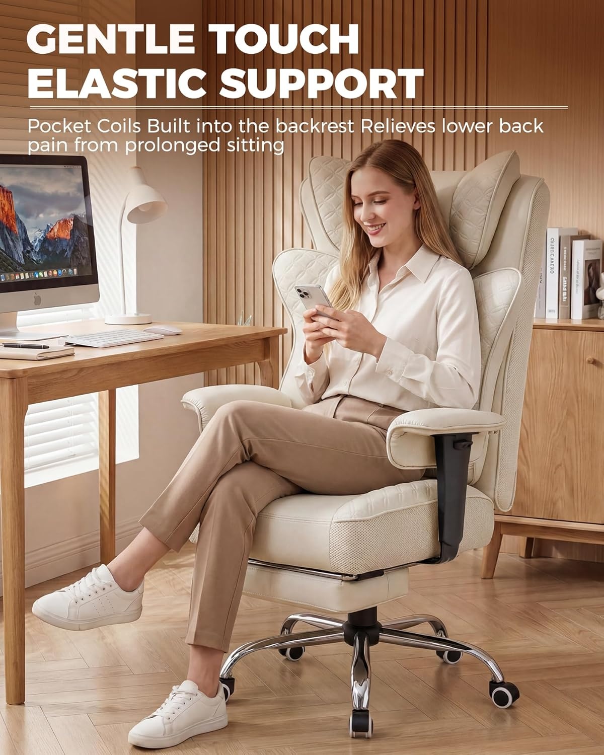 image:imageGTPLAYER Big and Tall Office Chair Wide Ergonomic Gaming Chair with Deluxe Embossing Designed Leather with Foot Rest150Reclining Adjustable Soft Armrests Pocket Spring Back Support and PillowPubeige