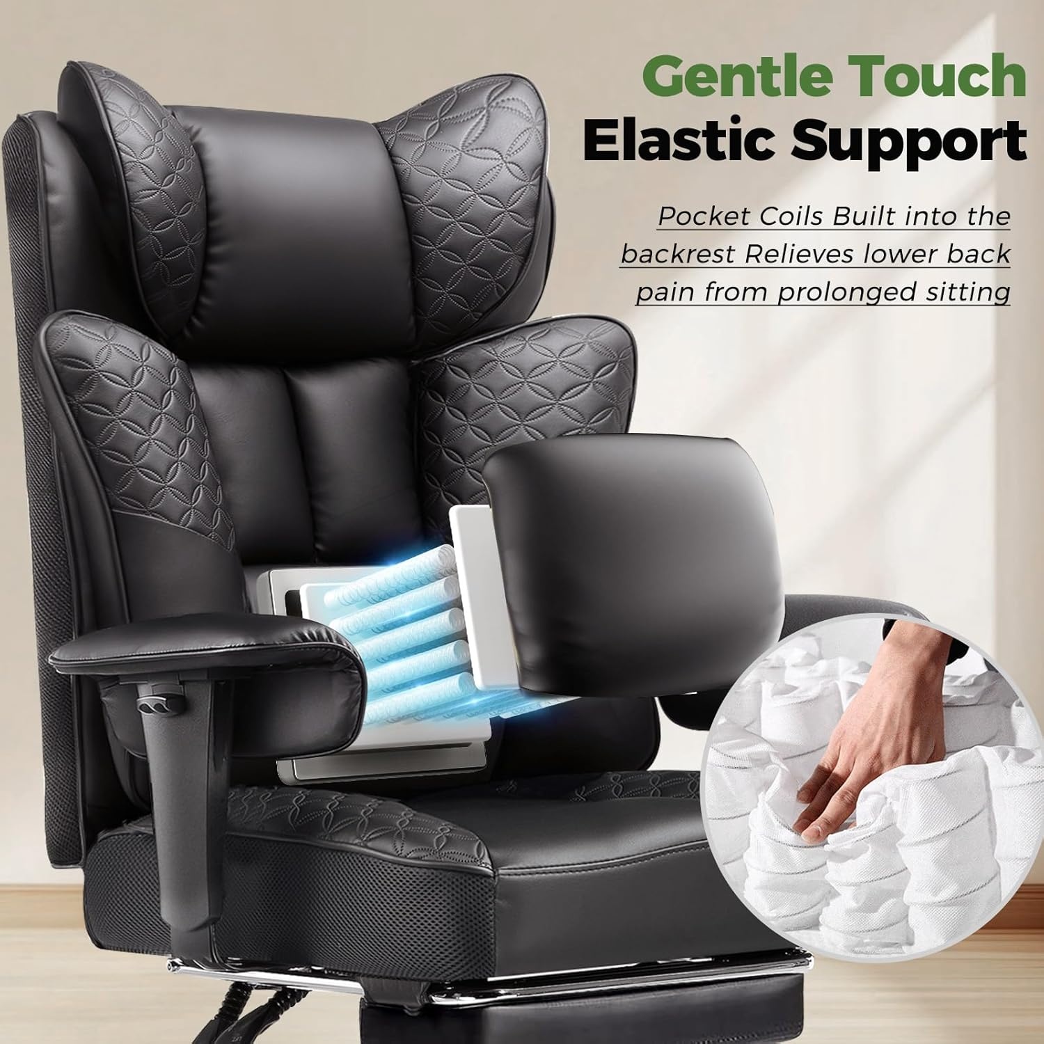 image:imageGTPLAYER Big and Tall Office Chair Wide Ergonomic Gaming Chair with Deluxe Embossing Designed Leather with Foot Rest150Reclining Adjustable Soft Armrests Pocket Spring Back Support and PillowPublack