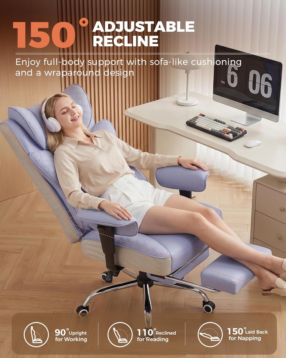 image:imageGTPLAYER Big and Tall Office Chair Wide Ergonomic Gaming Chair with Deluxe Embossing Designed Leather with Foot Rest150Reclining Adjustable Soft Armrests Pocket Spring Back Support and PillowPupurple