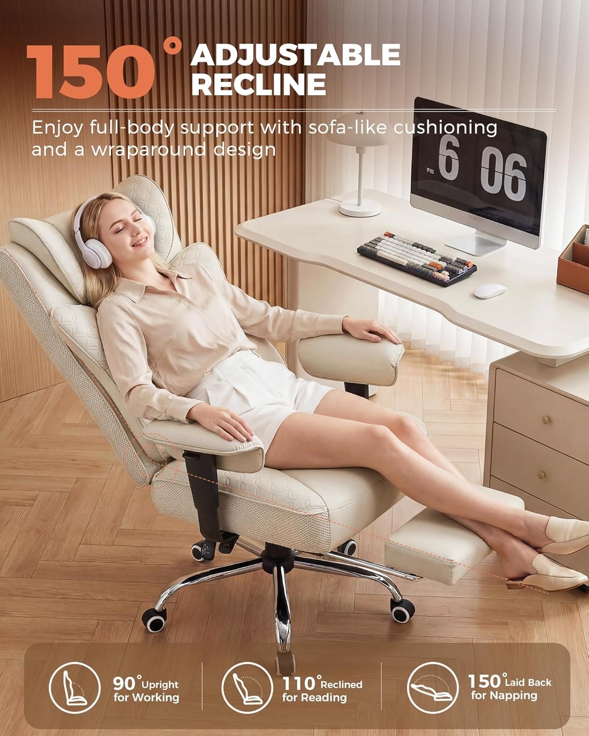 image:imageGTPLAYER Big and Tall Office Chair Wide Ergonomic Gaming Chair with Deluxe Embossing Designed Leather with Foot Rest150Reclining Adjustable Soft Armrests Pocket Spring Back Support and PillowPubeige