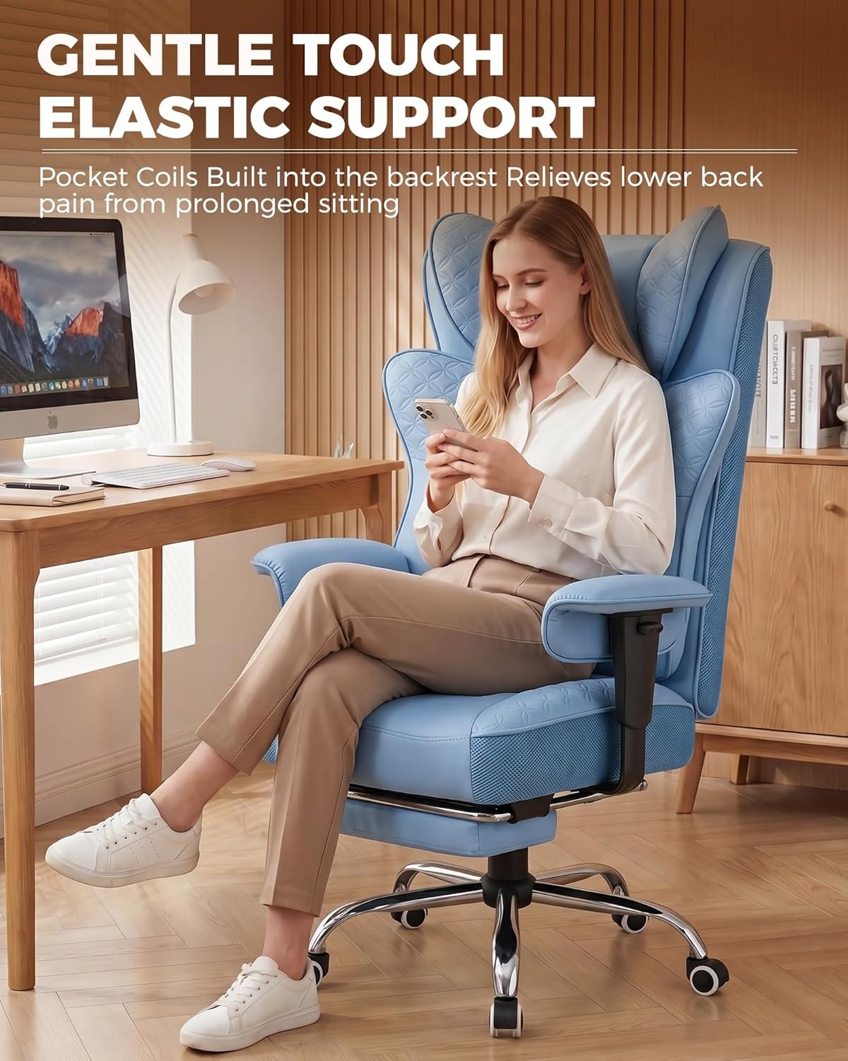 image:imageGTPLAYER Big and Tall Office Chair Wide Ergonomic Gaming Chair with Deluxe Embossing Designed Leather with Foot Rest150Reclining Adjustable Soft Armrests Pocket Spring Back Support and PillowPublue