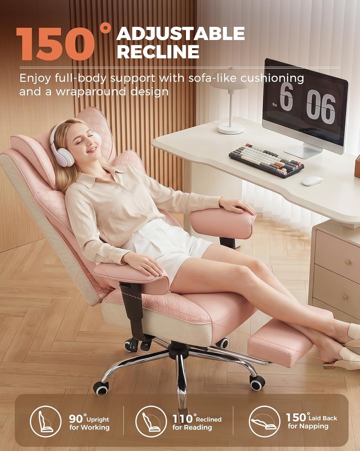 image:imageGTPLAYER Big and Tall Office Chair Wide Ergonomic Gaming Chair with Deluxe Embossing Designed Leather with Foot Rest150Reclining Adjustable Soft Armrests Pocket Spring Back Support and PillowPupink