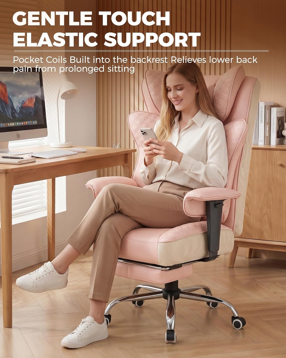 image:imageGTPLAYER Big and Tall Office Chair Wide Ergonomic Gaming Chair with Deluxe Embossing Designed Leather with Foot Rest150Reclining Adjustable Soft Armrests Pocket Spring Back Support and PillowPupink