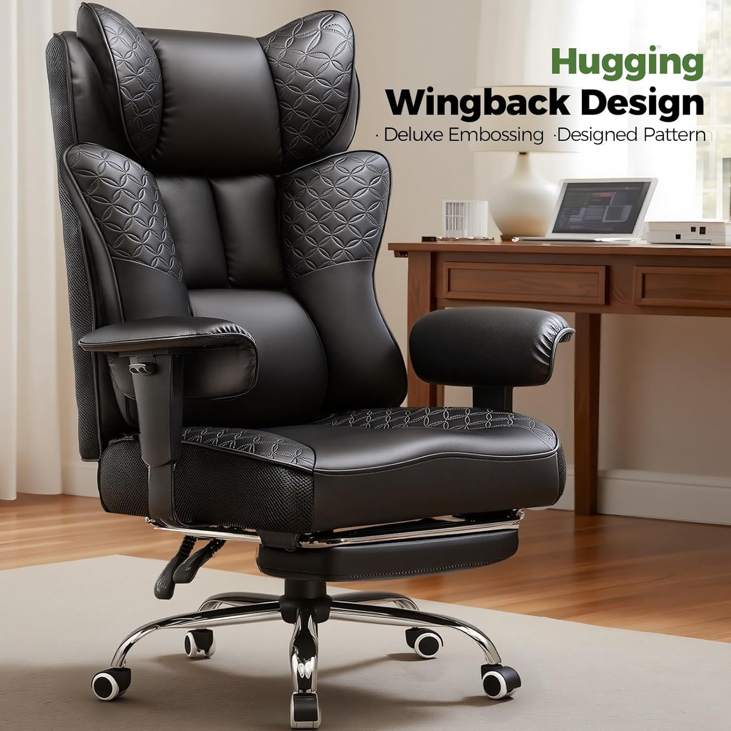 image:imageGTPLAYER Big and Tall Office Chair Wide Ergonomic Gaming Chair with Deluxe Embossing Designed Leather with Foot Rest150Reclining Adjustable Soft Armrests Pocket Spring Back Support and PillowPublack