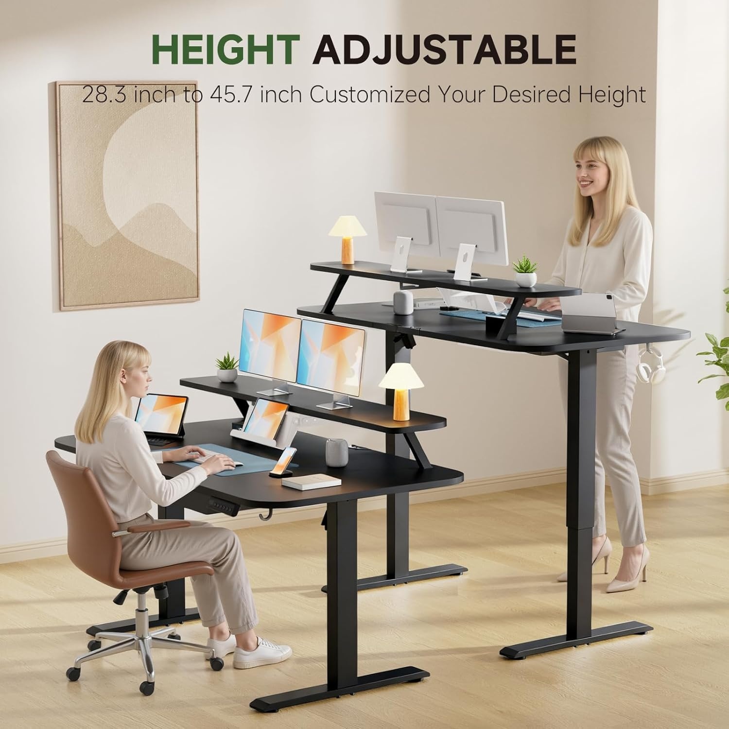 image:imageGTPLAYER Electric Standing Desk with Drawers 48 x 24 Inches Height Adjustable Computer Desk with Monitor Stand Laptop Stand Sit Stand up Desk with Memory Preset for Home Office WhiteBlack