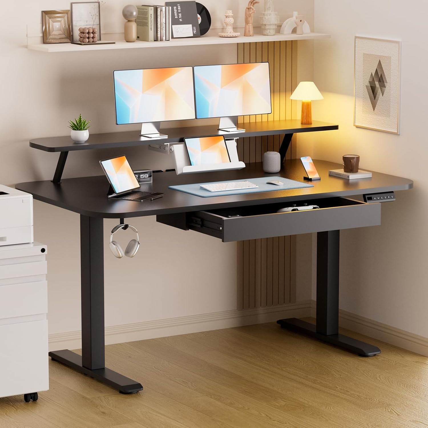 image:imageGTPLAYER Electric Standing Desk with Drawers 48 x 24 Inches Height Adjustable Computer Desk with Monitor Stand Laptop Stand Sit Stand up Desk with Memory Preset for Home Office WhiteBlack