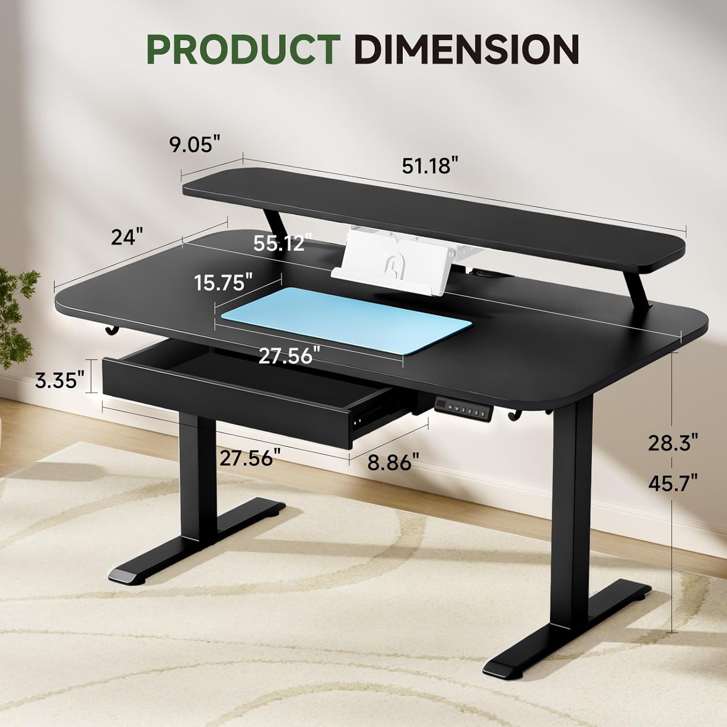 image:imageGTPLAYER Electric Standing Desk with Drawers 48 x 24 Inches Height Adjustable Computer Desk with Monitor Stand Laptop Stand Sit Stand up Desk with Memory Preset for Home Office WhiteBlack