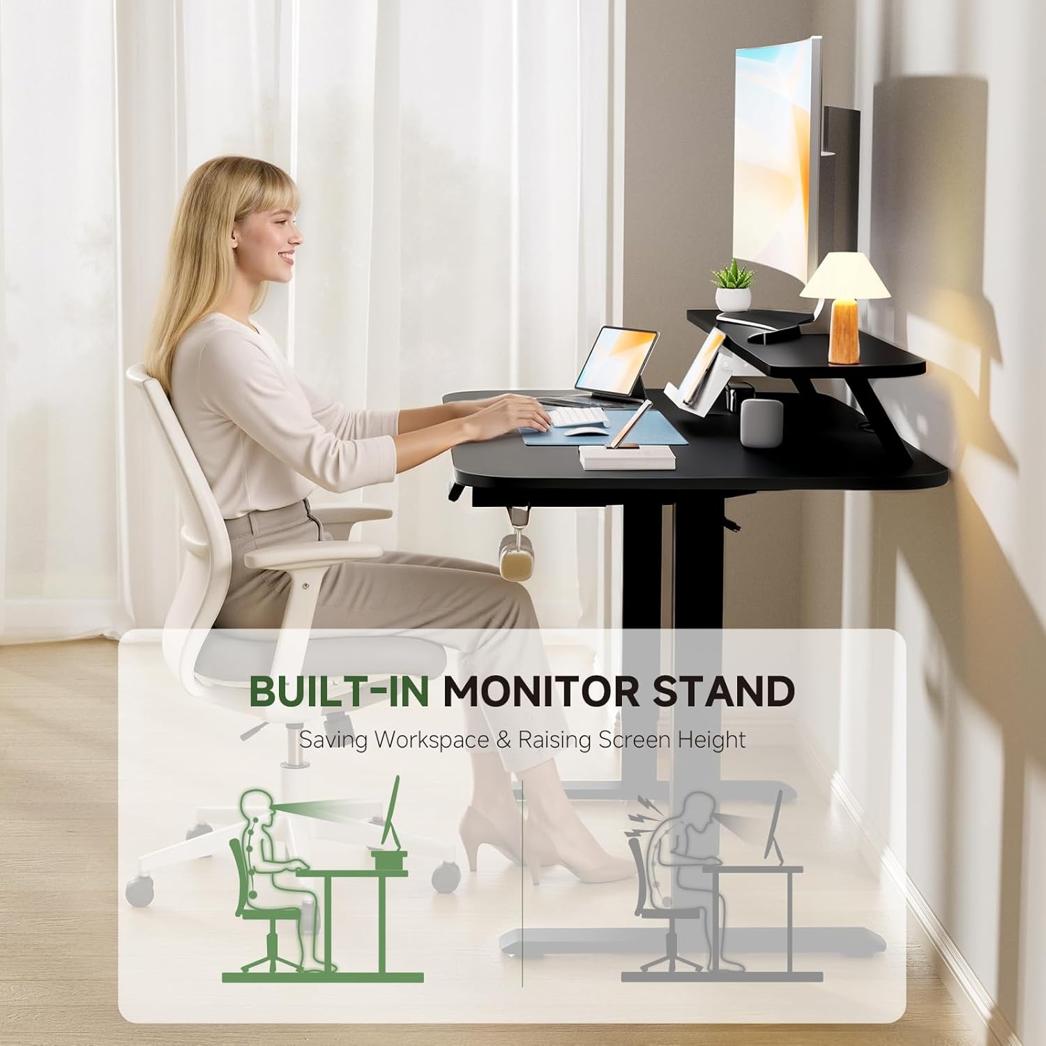 image:imageGTPLAYER Electric Standing Desk with Drawers 48 x 24 Inches Height Adjustable Computer Desk with Monitor Stand Laptop Stand Sit Stand up Desk with Memory Preset for Home Office WhiteBlack