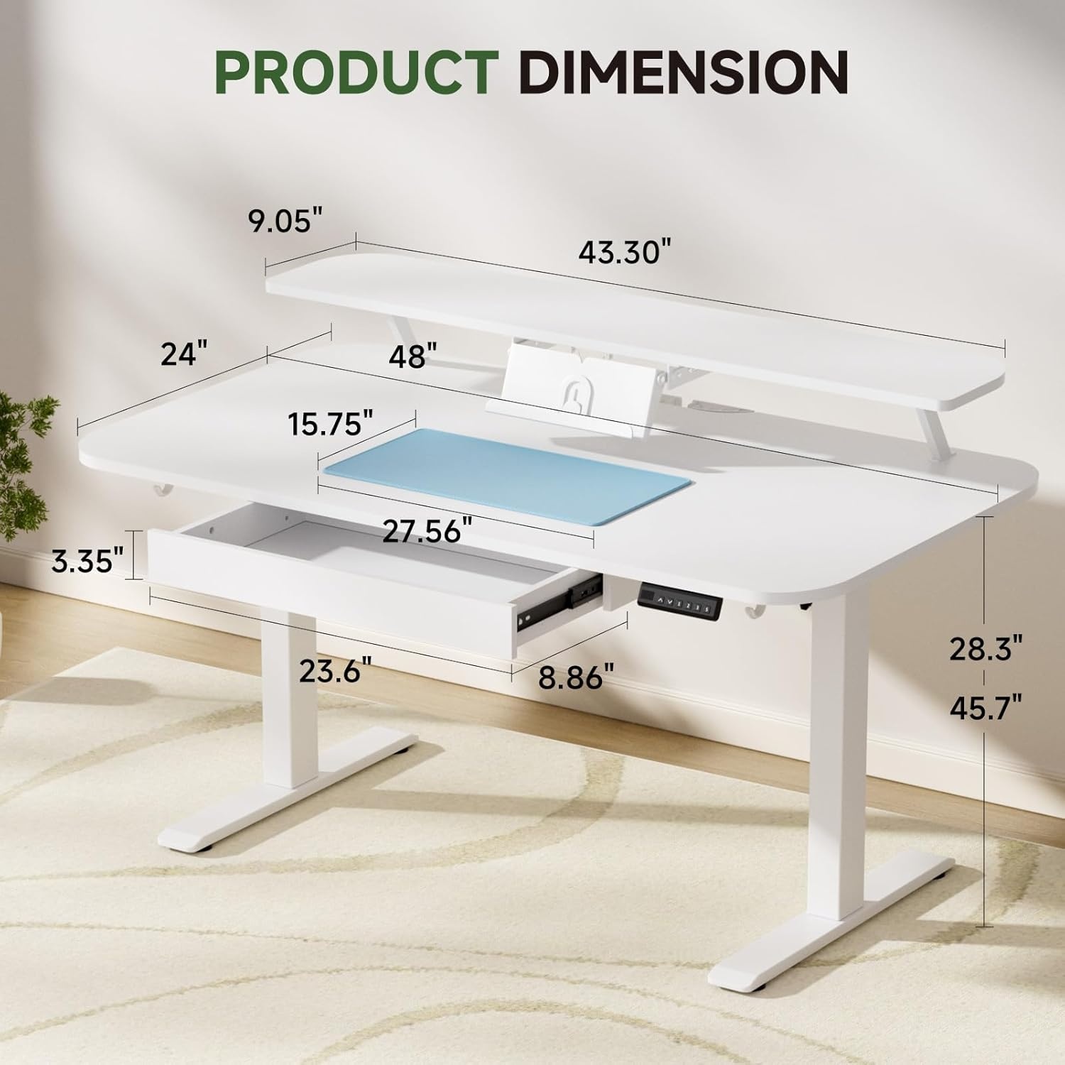 image:imageGTPLAYER Electric Standing Desk with Drawers 48 x 24 Inches Height Adjustable Computer Desk with Monitor Stand Laptop Stand Sit Stand up Desk with Memory Preset for Home Office WhiteIvory White