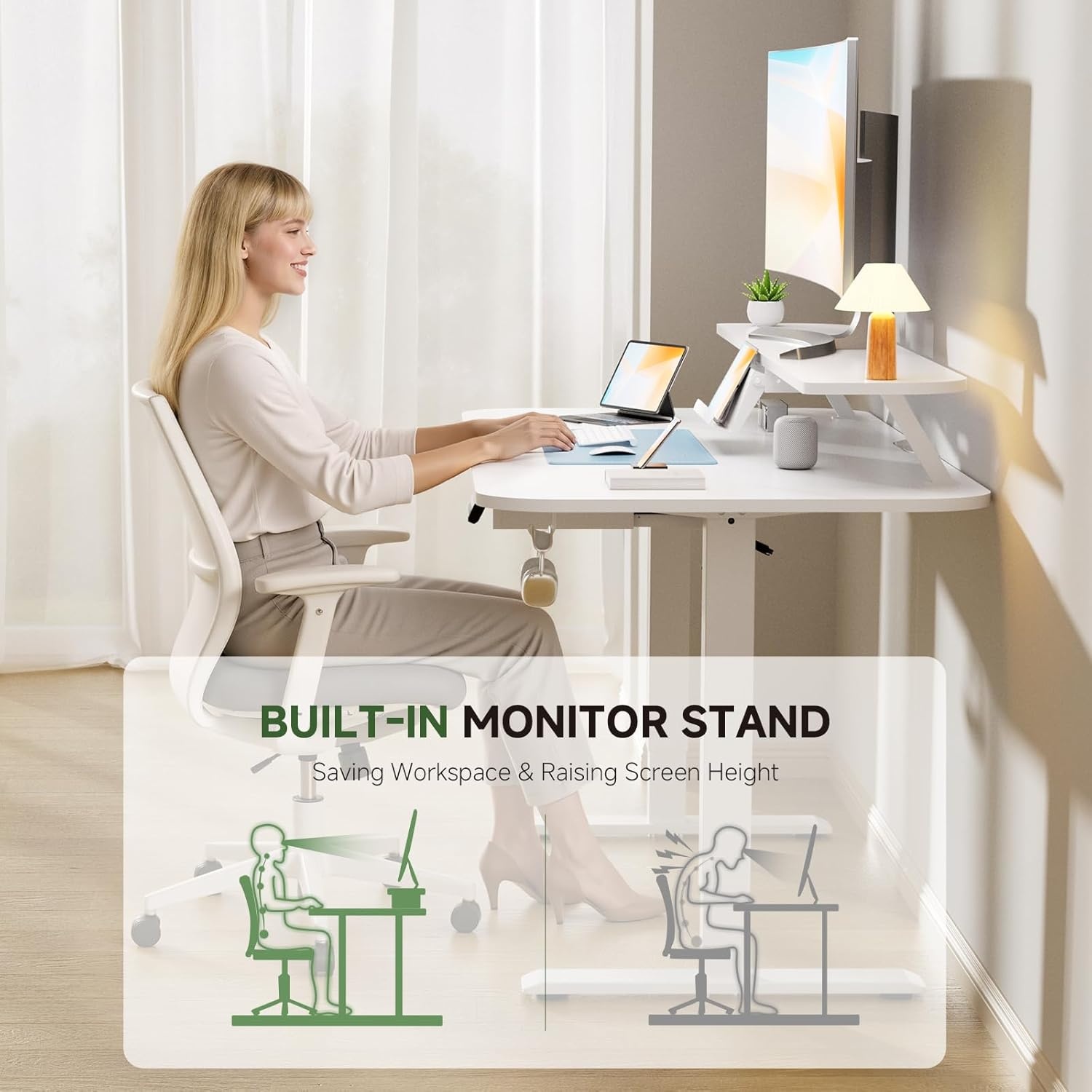 image:imageGTPLAYER Electric Standing Desk with Drawers 48 x 24 Inches Height Adjustable Computer Desk with Monitor Stand Laptop Stand Sit Stand up Desk with Memory Preset for Home Office WhiteIvory White