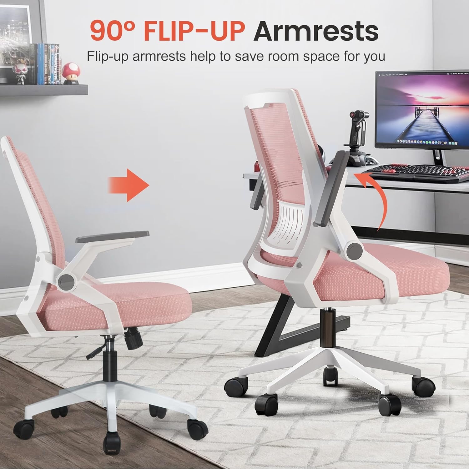 image:imageGTPLAYER Ergonomic Office Chair with Flipup Armrests Executive Computer Chair for Home Office Breathable Mesh amp Comfy Lumbar Support BlackPetalpink