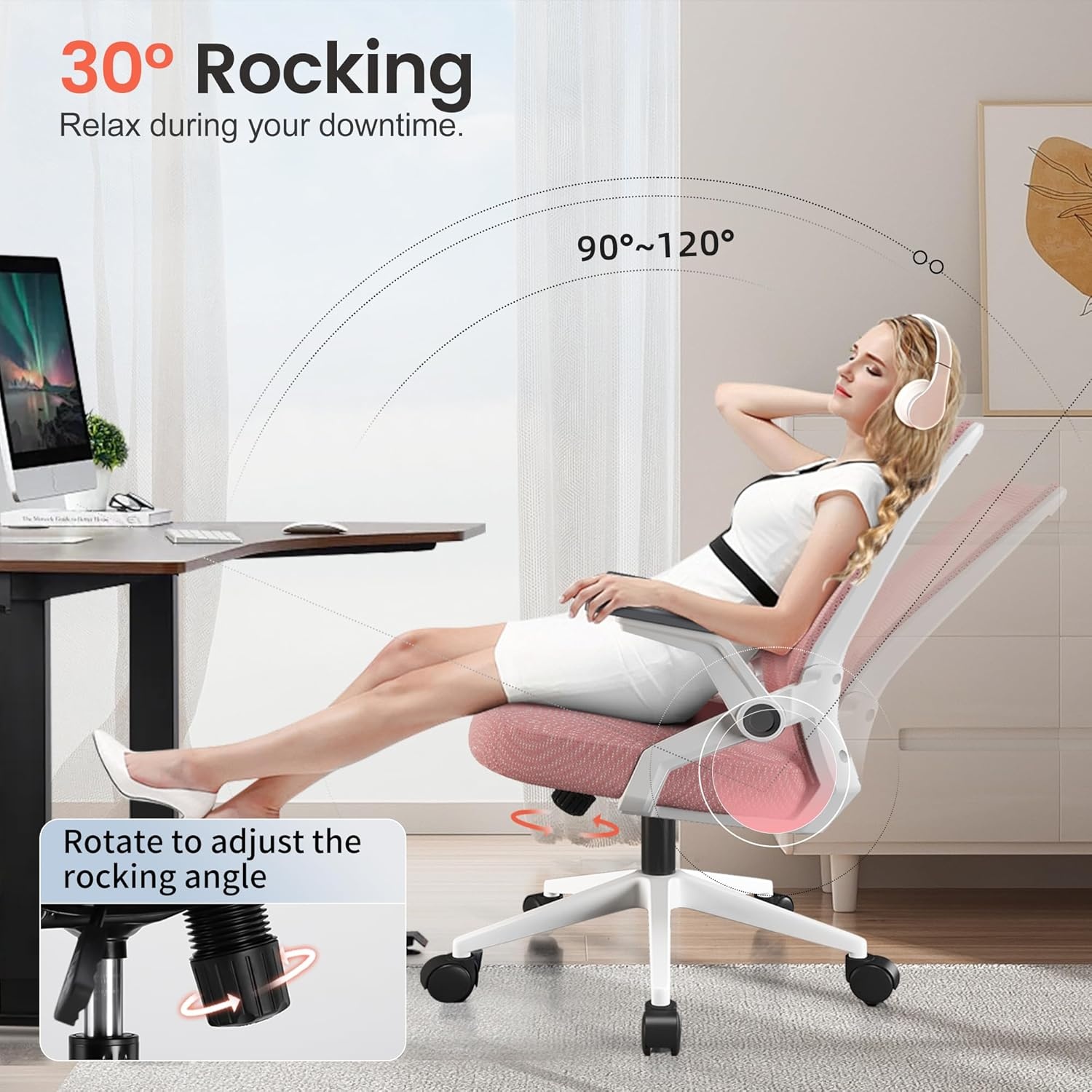 image:imageGTPLAYER Ergonomic Office Chair with Flipup Armrests Executive Computer Chair for Home Office Breathable Mesh amp Comfy Lumbar Support BlackPink