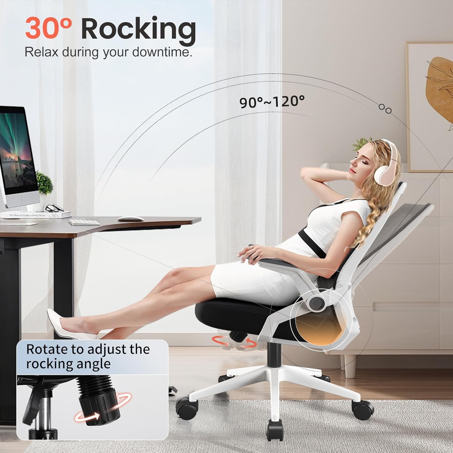 image:imageGTPLAYER Ergonomic Office Chair with Flipup Armrests Executive Computer Chair for Home Office Breathable Mesh amp Comfy Lumbar Support BlackWhite