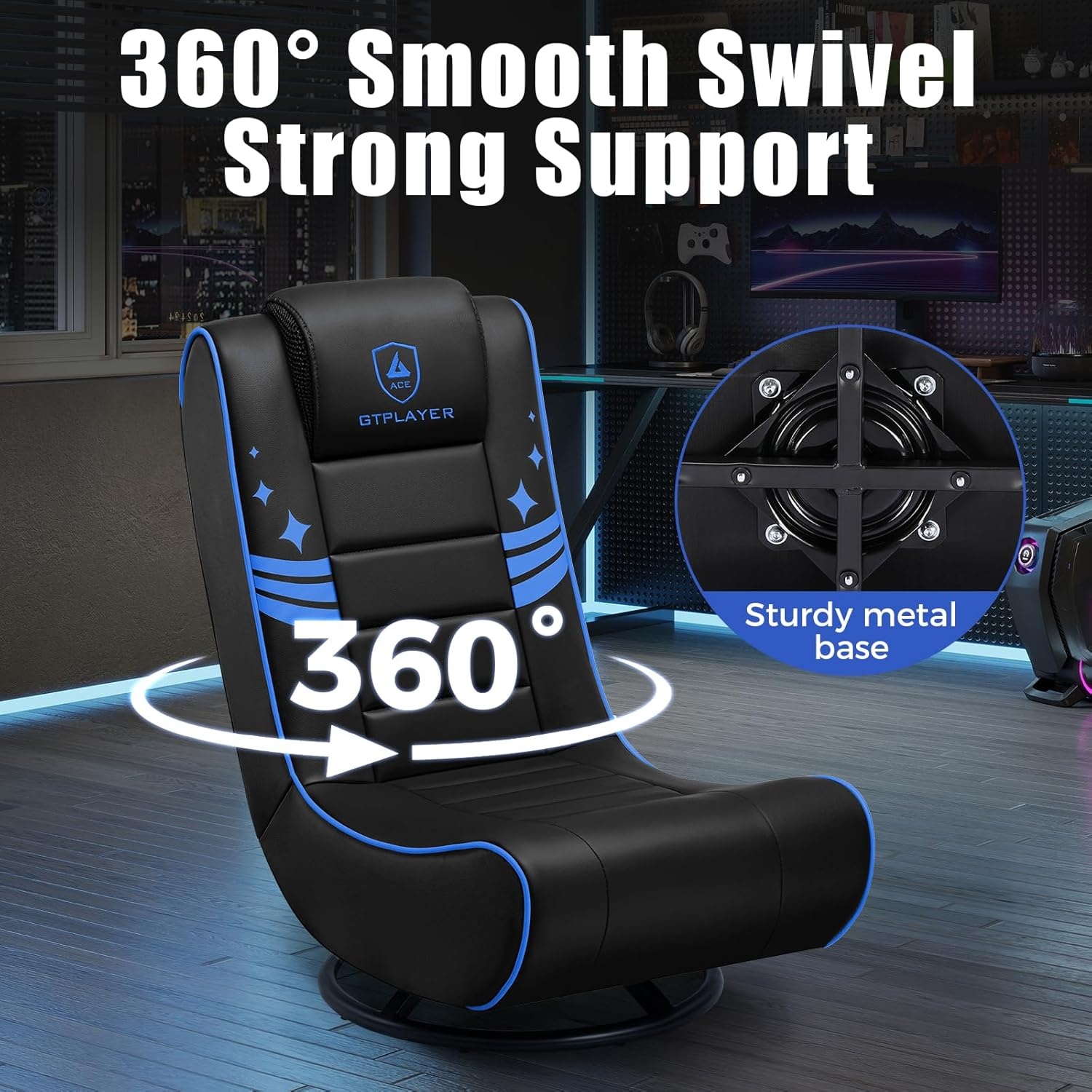 image:imageGTPLAYER Floor Gaming Chair Foldable Swivel Floor Chairs for Kids Boys Comfy Video Game Seat with 360 Multipurpose for Gamers Bedroom or Game RoomBlackGoldWith Headrest Black Blue Trim