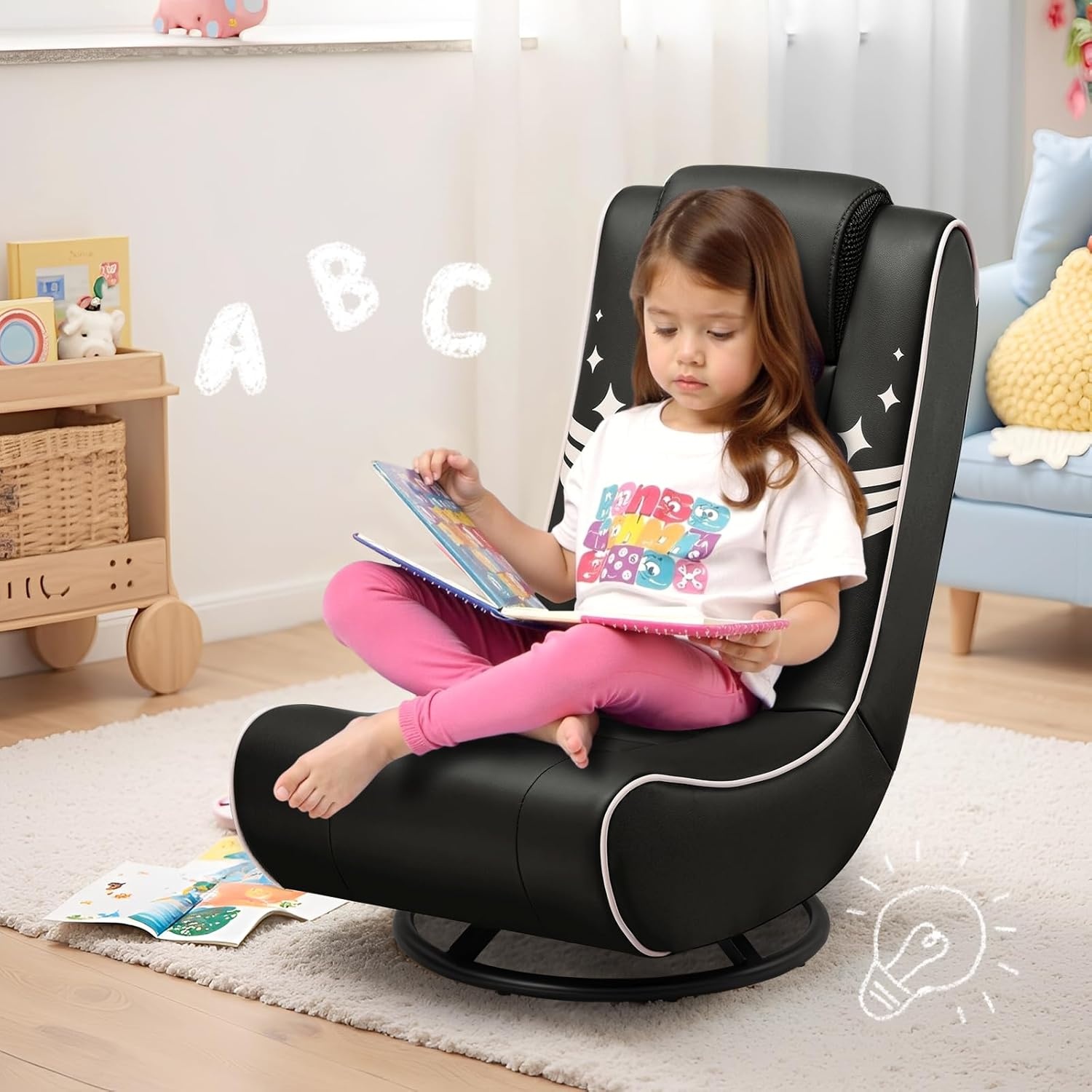 image:imageGTPLAYER Floor Gaming Chair Foldable Swivel Floor Chairs for Kids Boys Comfy Video Game Seat with 360 Multipurpose for Gamers Bedroom or Game RoomBlackGoldWith Headrest Black Gold