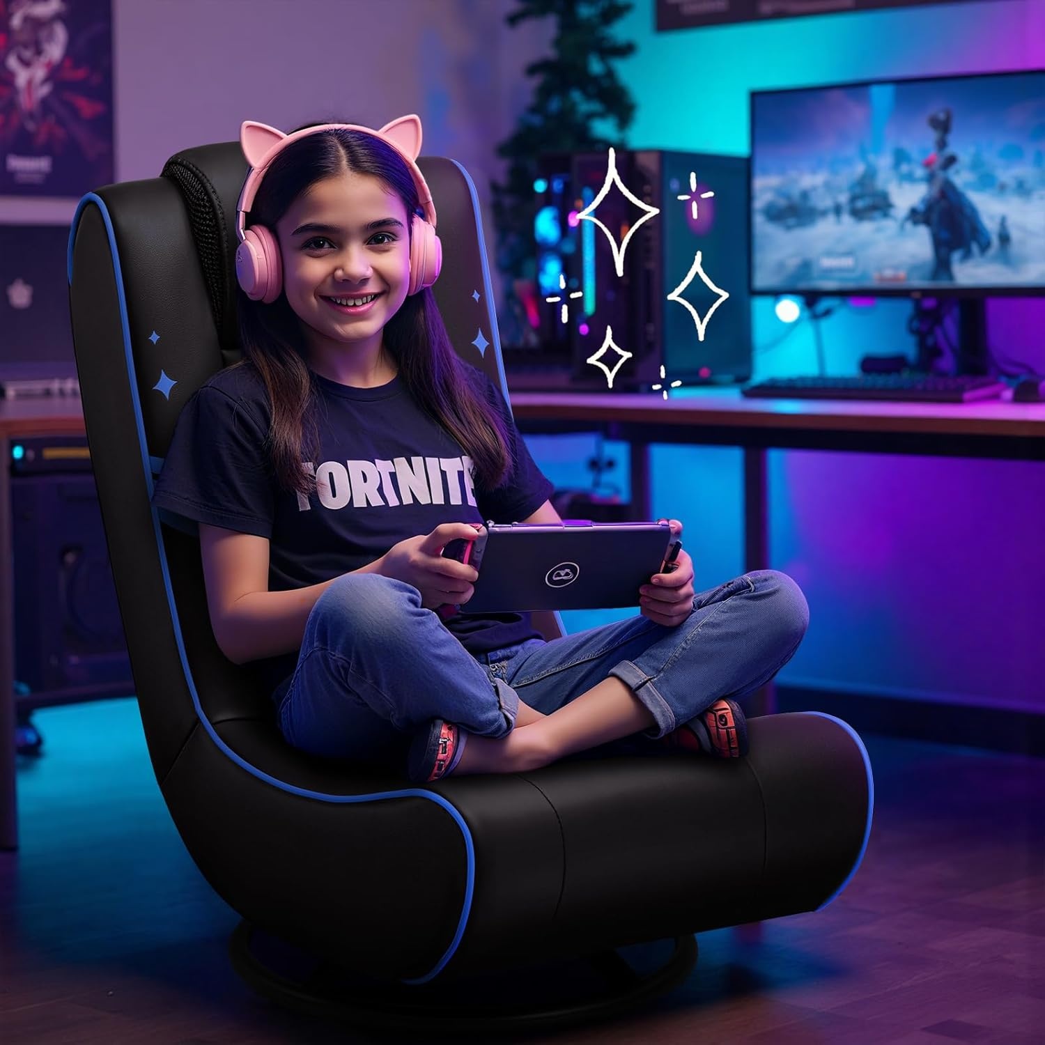 image:imageGTPLAYER Floor Gaming Chair Foldable Swivel Floor Chairs for Kids Boys Comfy Video Game Seat with 360 Multipurpose for Gamers Bedroom or Game RoomBlackGoldWith Headrest Black Blue Trim