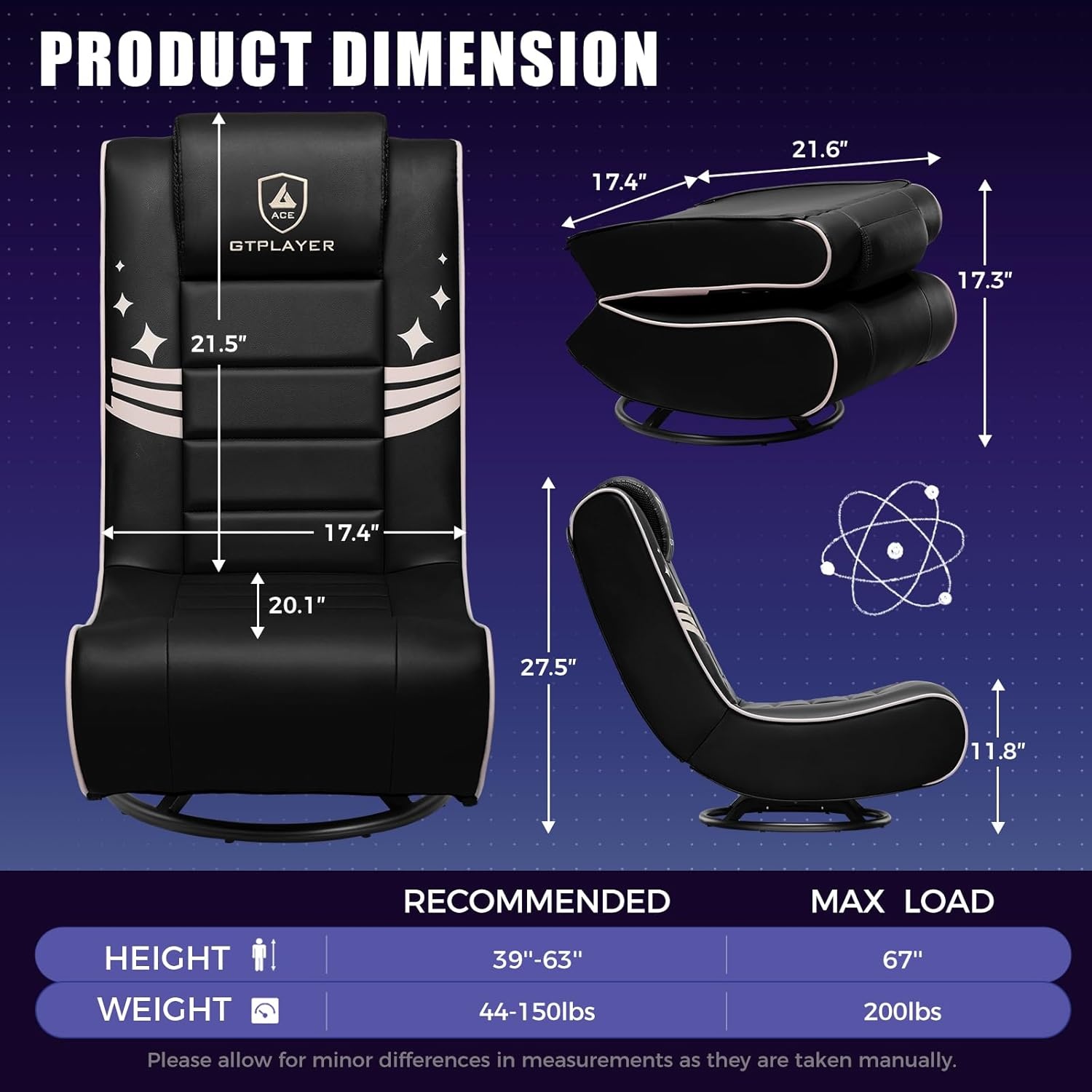 image:imageGTPLAYER Floor Gaming Chair Foldable Swivel Floor Chairs for Kids Boys Comfy Video Game Seat with 360 Multipurpose for Gamers Bedroom or Game RoomBlackGoldWith Headrest Black Gold