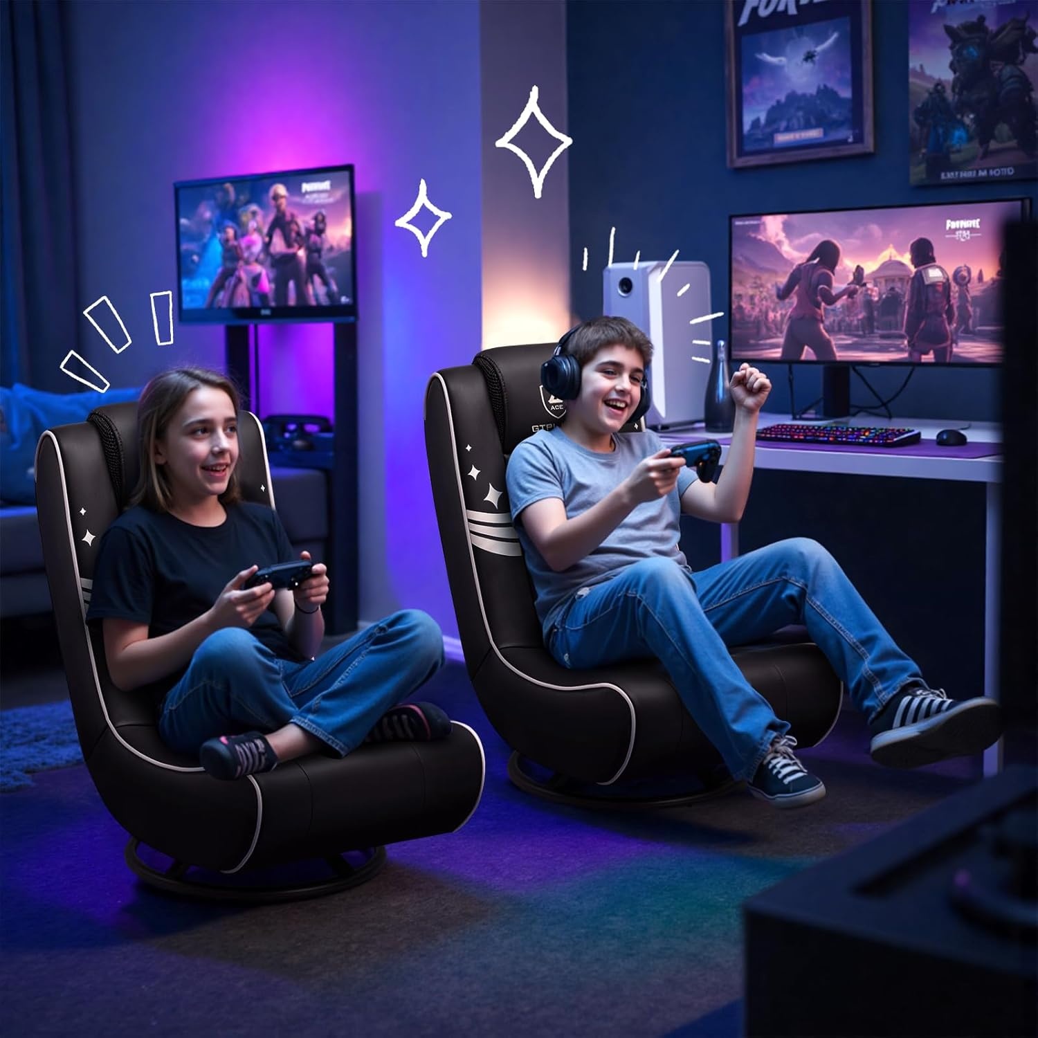 image:imageGTPLAYER Floor Gaming Chair Foldable Swivel Floor Chairs for Kids Boys Comfy Video Game Seat with 360 Multipurpose for Gamers Bedroom or Game RoomBlackGoldWith Headrest Black Gold