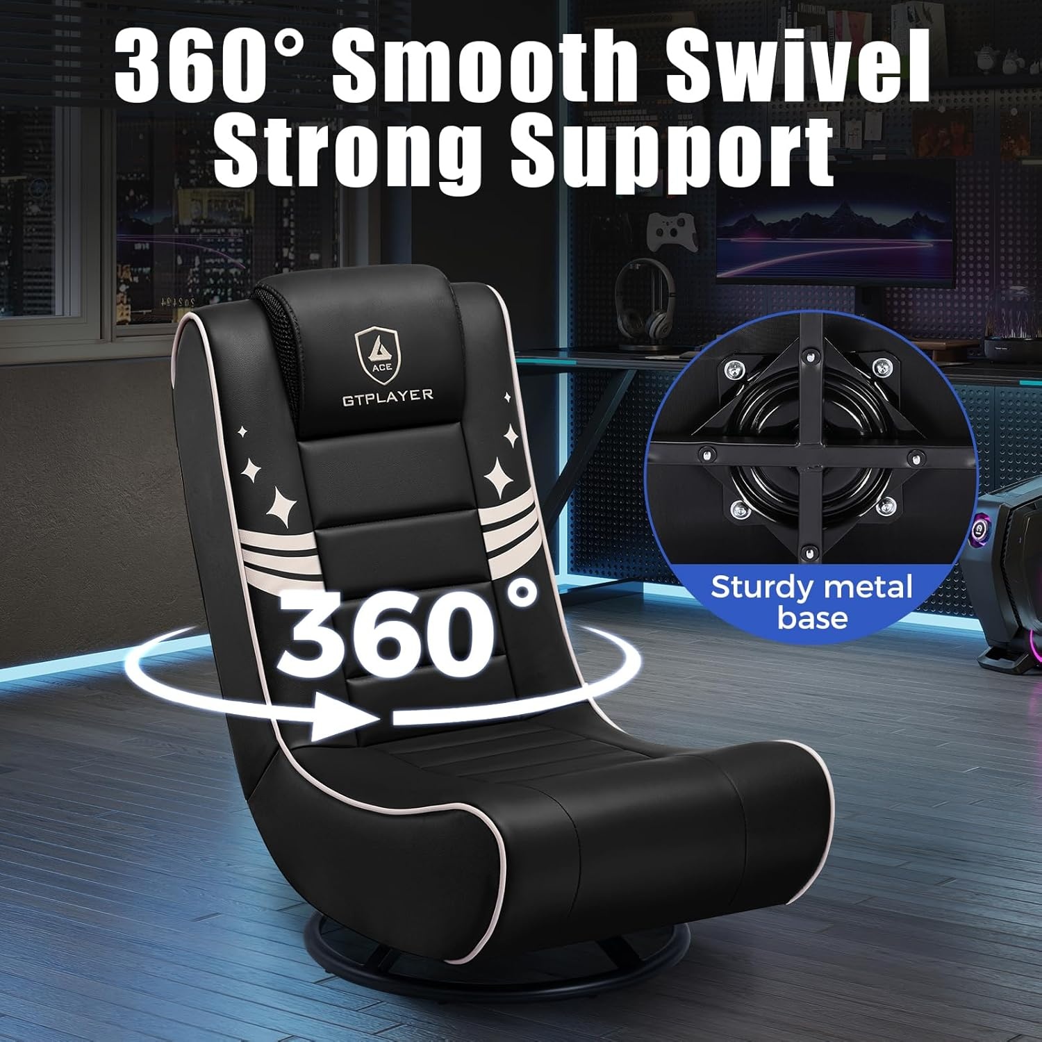 image:imageGTPLAYER Floor Gaming Chair Foldable Swivel Floor Chairs for Kids Boys Comfy Video Game Seat with 360 Multipurpose for Gamers Bedroom or Game RoomBlackGoldWith Headrest Black Gold