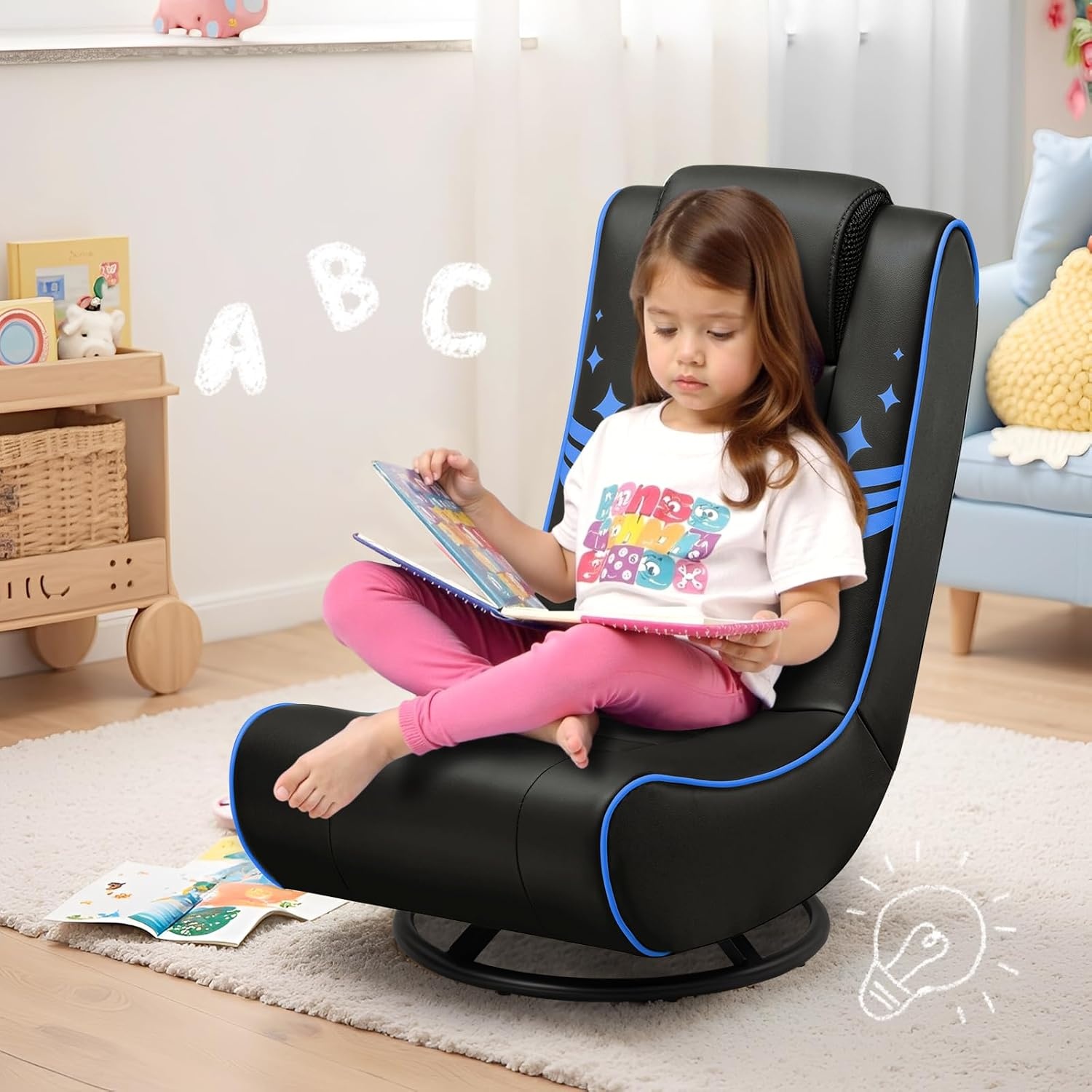 image:imageGTPLAYER Floor Gaming Chair Foldable Swivel Floor Chairs for Kids Boys Comfy Video Game Seat with 360 Multipurpose for Gamers Bedroom or Game RoomBlackGoldWith Headrest Black Blue Trim