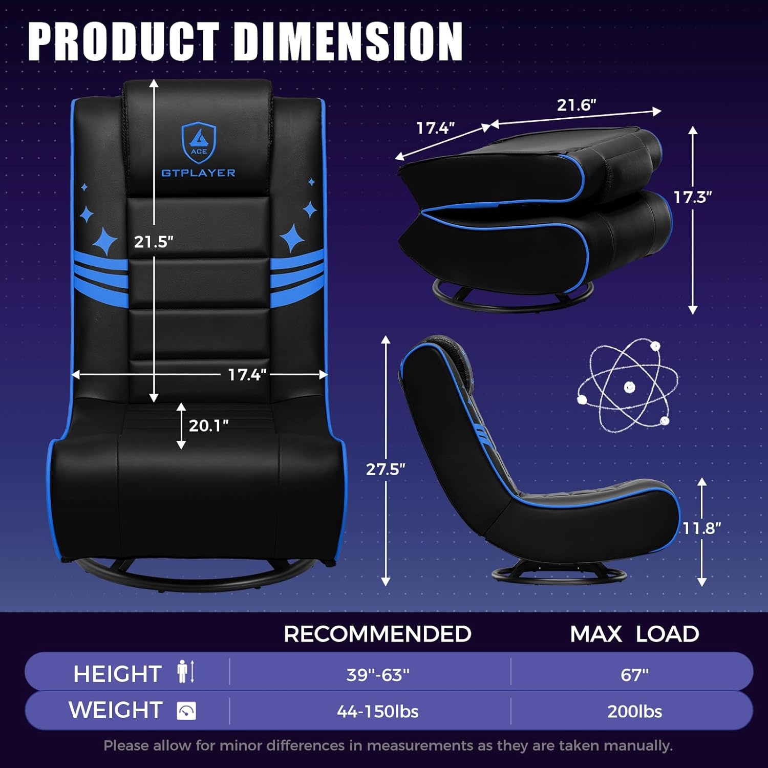 image:imageGTPLAYER Floor Gaming Chair Foldable Swivel Floor Chairs for Kids Boys Comfy Video Game Seat with 360 Multipurpose for Gamers Bedroom or Game RoomBlackGoldWith Headrest Black Blue Trim