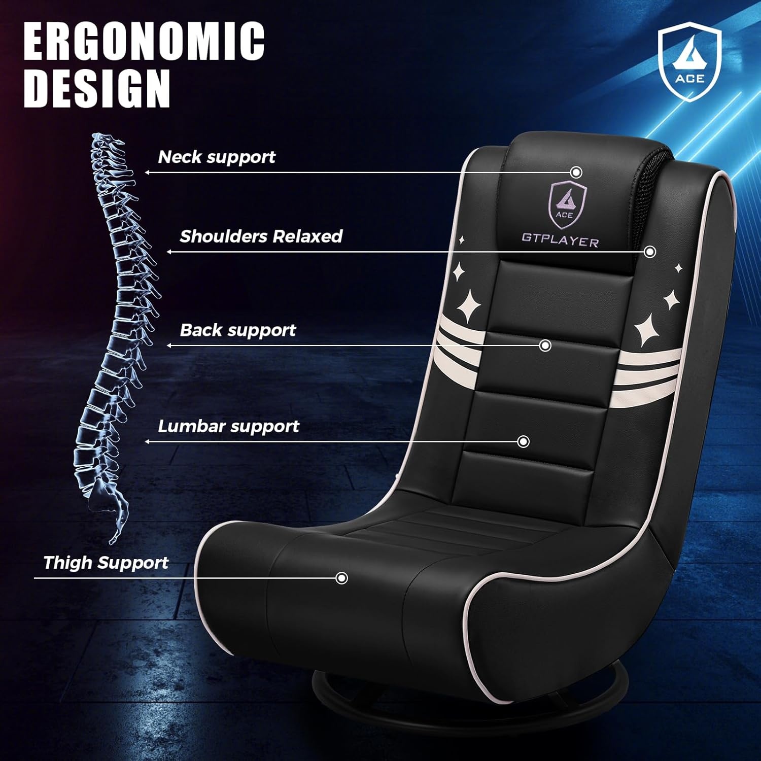 image:imageGTPLAYER Floor Gaming Chair Foldable Swivel Floor Chairs for Kids Boys Comfy Video Game Seat with 360 Multipurpose for Gamers Bedroom or Game RoomBlackGoldWith Headrest Black Gold