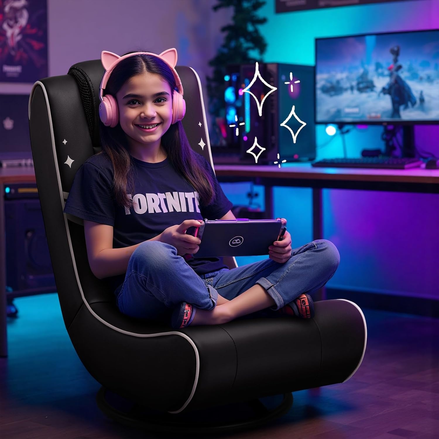 image:imageGTPLAYER Floor Gaming Chair Foldable Swivel Floor Chairs for Kids Boys Comfy Video Game Seat with 360 Multipurpose for Gamers Bedroom or Game RoomBlackGoldWith Headrest Black Gold