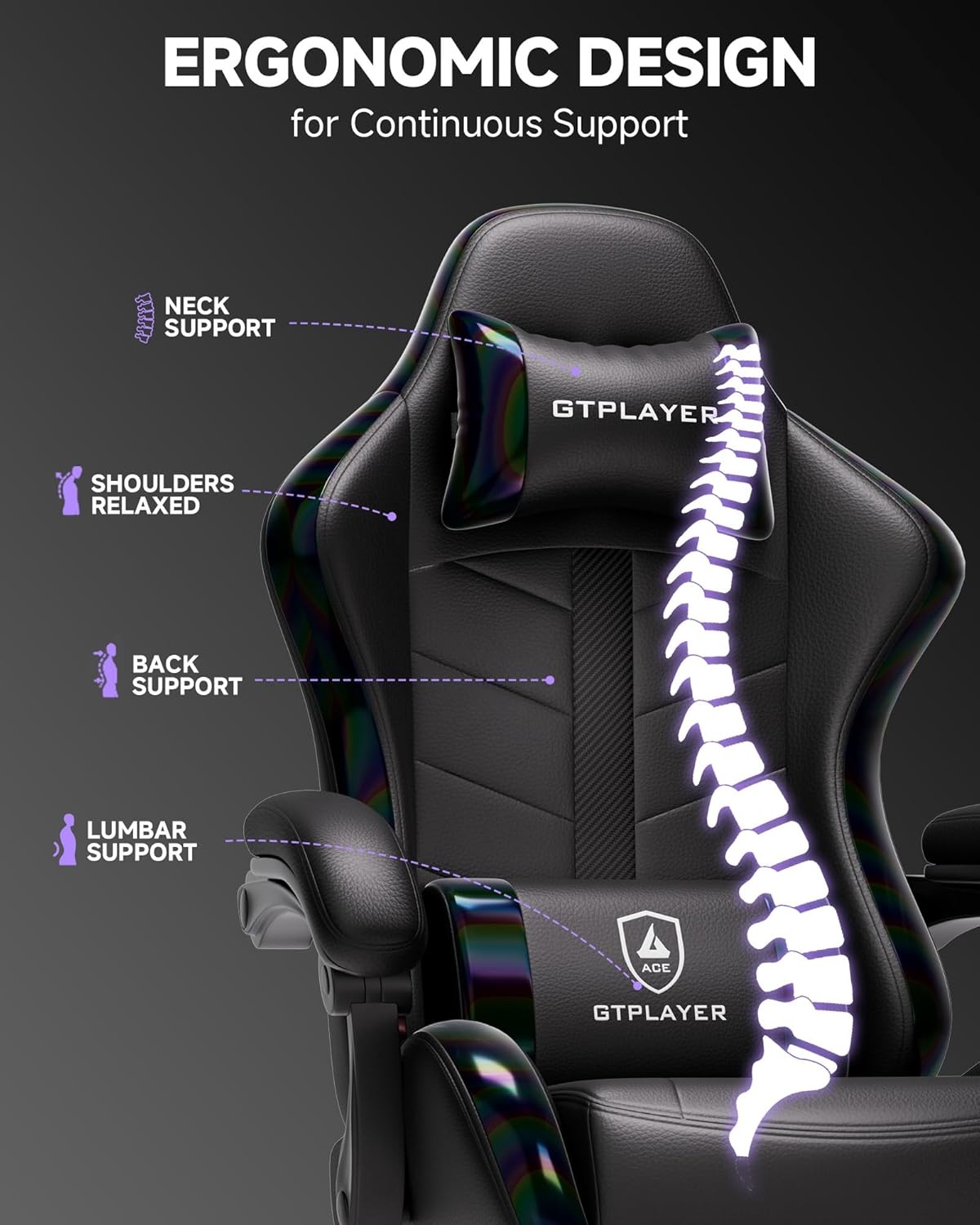 image:imageGTPLAYER Gaming Chair Computer Gaming Chairs for Adults with Footrest Height Adjustable PC Game Chair with 90155 Recline amp Removable Headrest Lumbar Support BlackWhiteColorful Black
