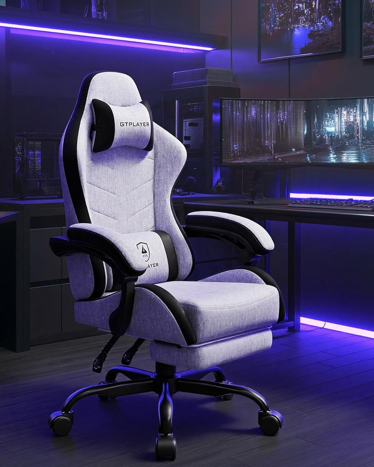 image:imageGTPLAYER Gaming Chair Computer Gaming Chairs for Adults with Footrest Height Adjustable PC Game Chair with 90155 Recline amp Removable Headrest Lumbar Support BlackWhiteGrey