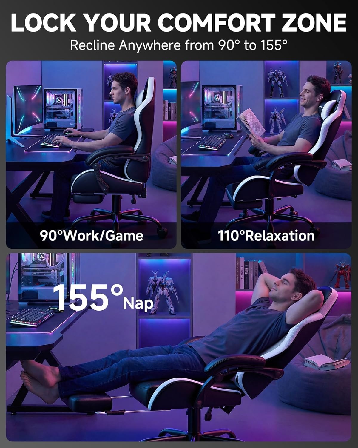 image:imageGTPLAYER Gaming Chair Computer Gaming Chairs for Adults with Footrest Height Adjustable PC Game Chair with 90155 Recline amp Removable Headrest Lumbar Support BlackWhiteSnow White