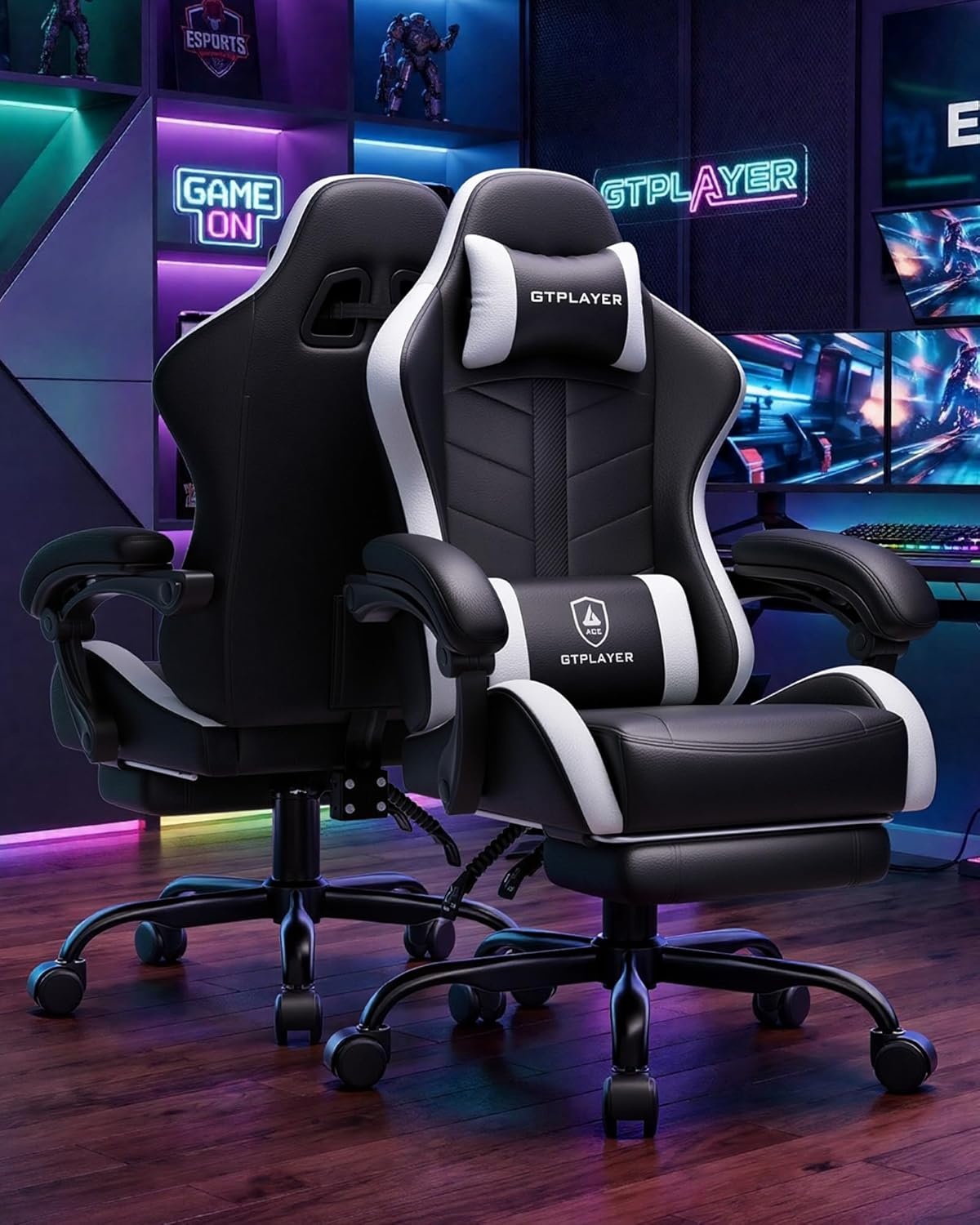 image:imageGTPLAYER Gaming Chair Computer Gaming Chairs for Adults with Footrest Height Adjustable PC Game Chair with 90155 Recline amp Removable Headrest Lumbar Support BlackWhiteSnow White