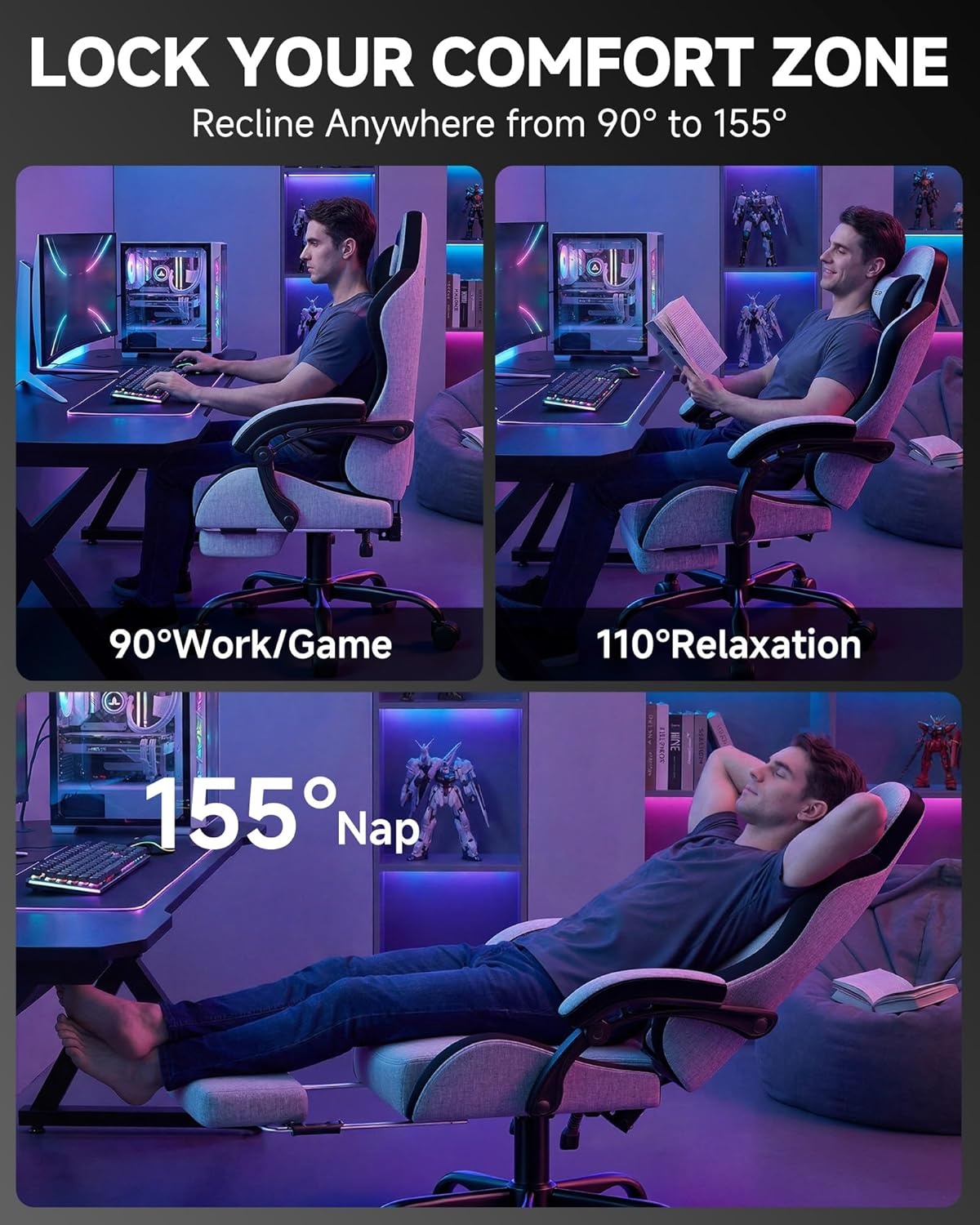 image:imageGTPLAYER Gaming Chair Computer Gaming Chairs for Adults with Footrest Height Adjustable PC Game Chair with 90155 Recline amp Removable Headrest Lumbar Support BlackWhiteGrey