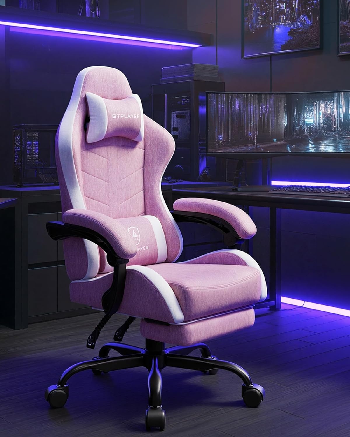 image:imageGTPLAYER Gaming Chair Computer Gaming Chairs for Adults with Footrest Height Adjustable PC Game Chair with 90155 Recline amp Removable Headrest Lumbar Support BlackWhitePink