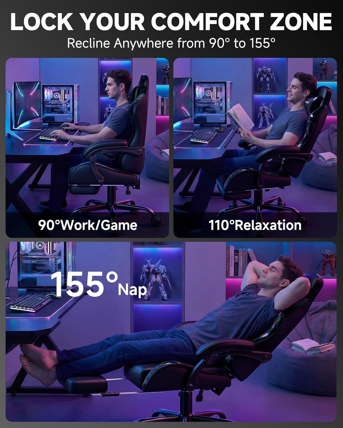 image:imageGTPLAYER Gaming Chair Computer Gaming Chairs for Adults with Footrest Height Adjustable PC Game Chair with 90155 Recline amp Removable Headrest Lumbar Support BlackWhiteColorful Black